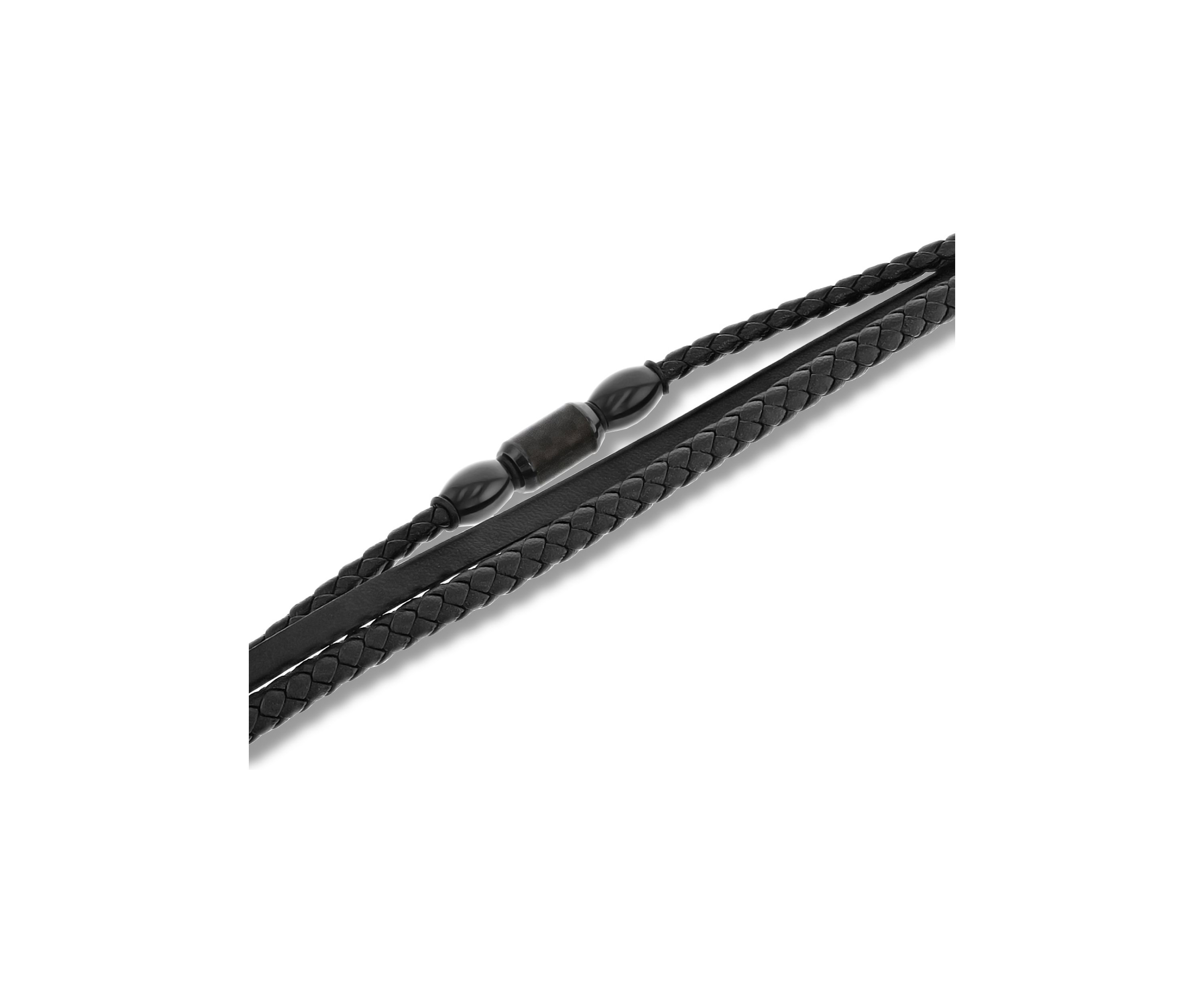Black Faux Leather and Black Stainless Steel Stacked Bracelet