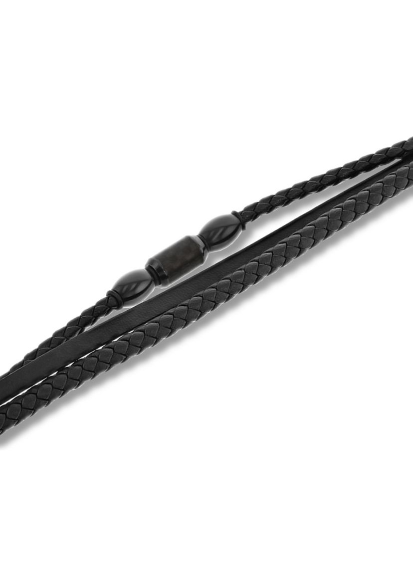 Black Faux Leather and Black Stainless Steel Stacked Bracelet
