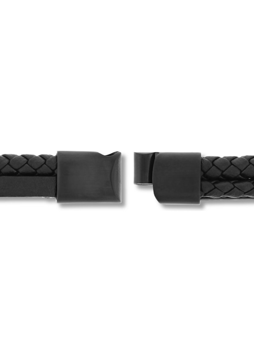Black Faux Leather and Black Stainless Steel Stacked Bracelet