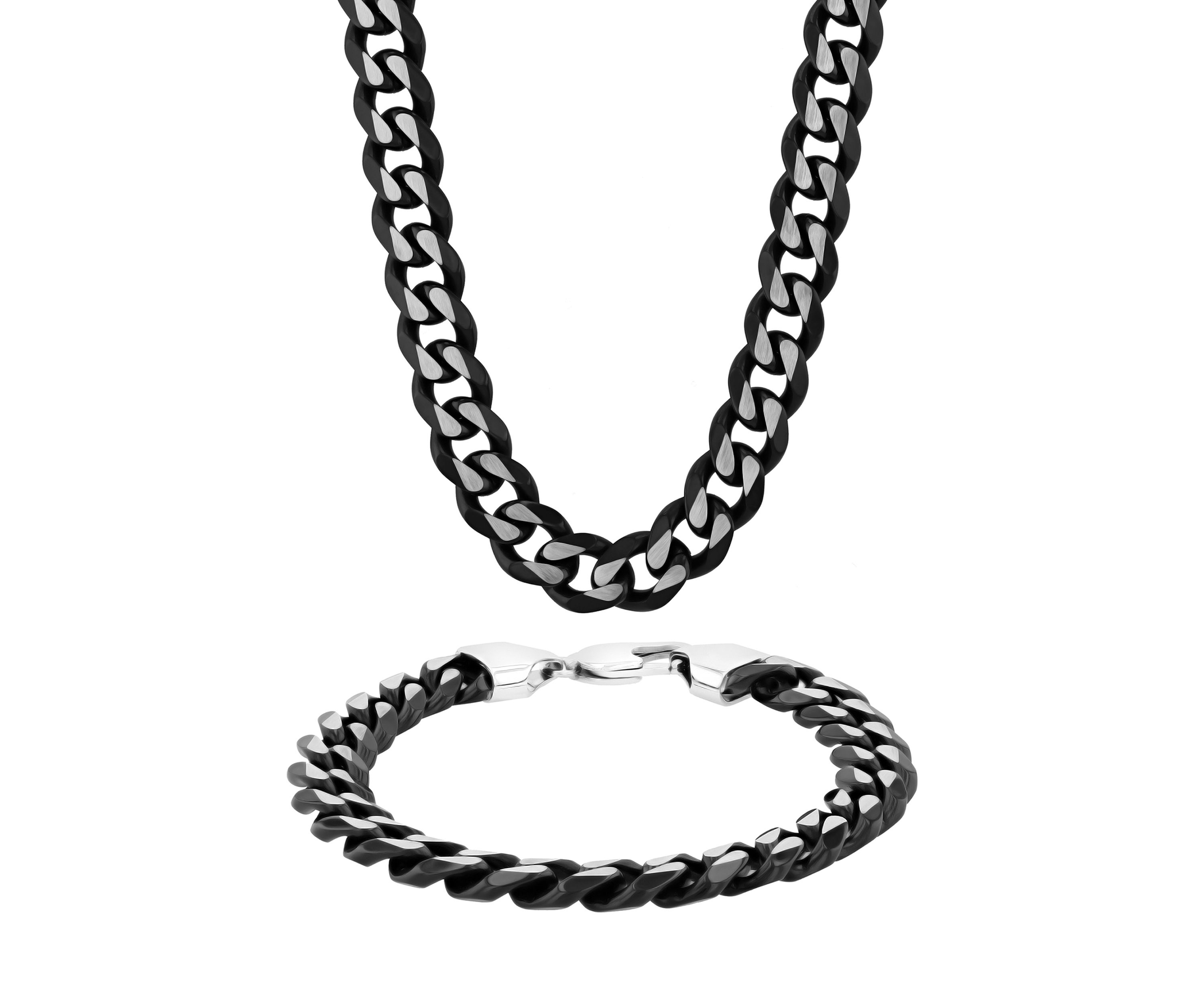Curb Link Chain Bracelet and Necklace Set in Two-Tone Stainless Steel