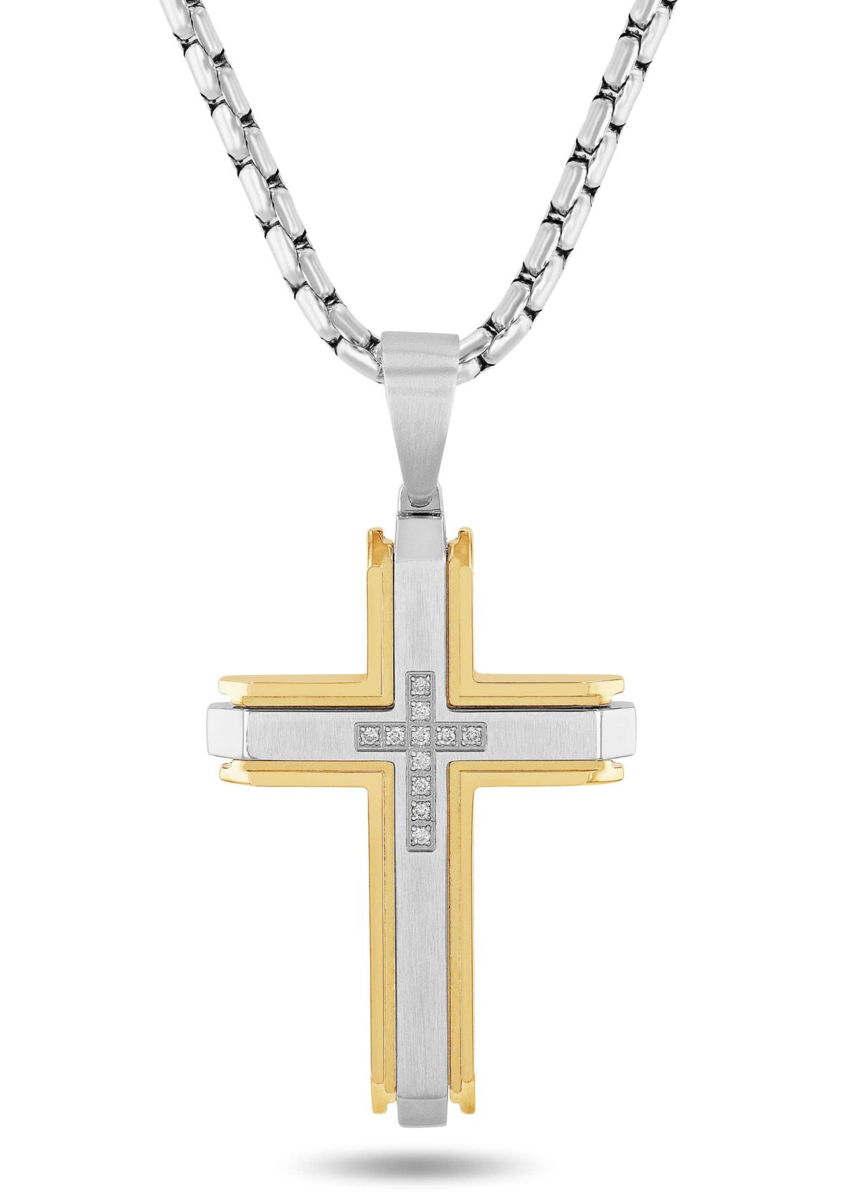 1/10CTW Diamond Stainless Steel Cross with Yellow Finish Pendant