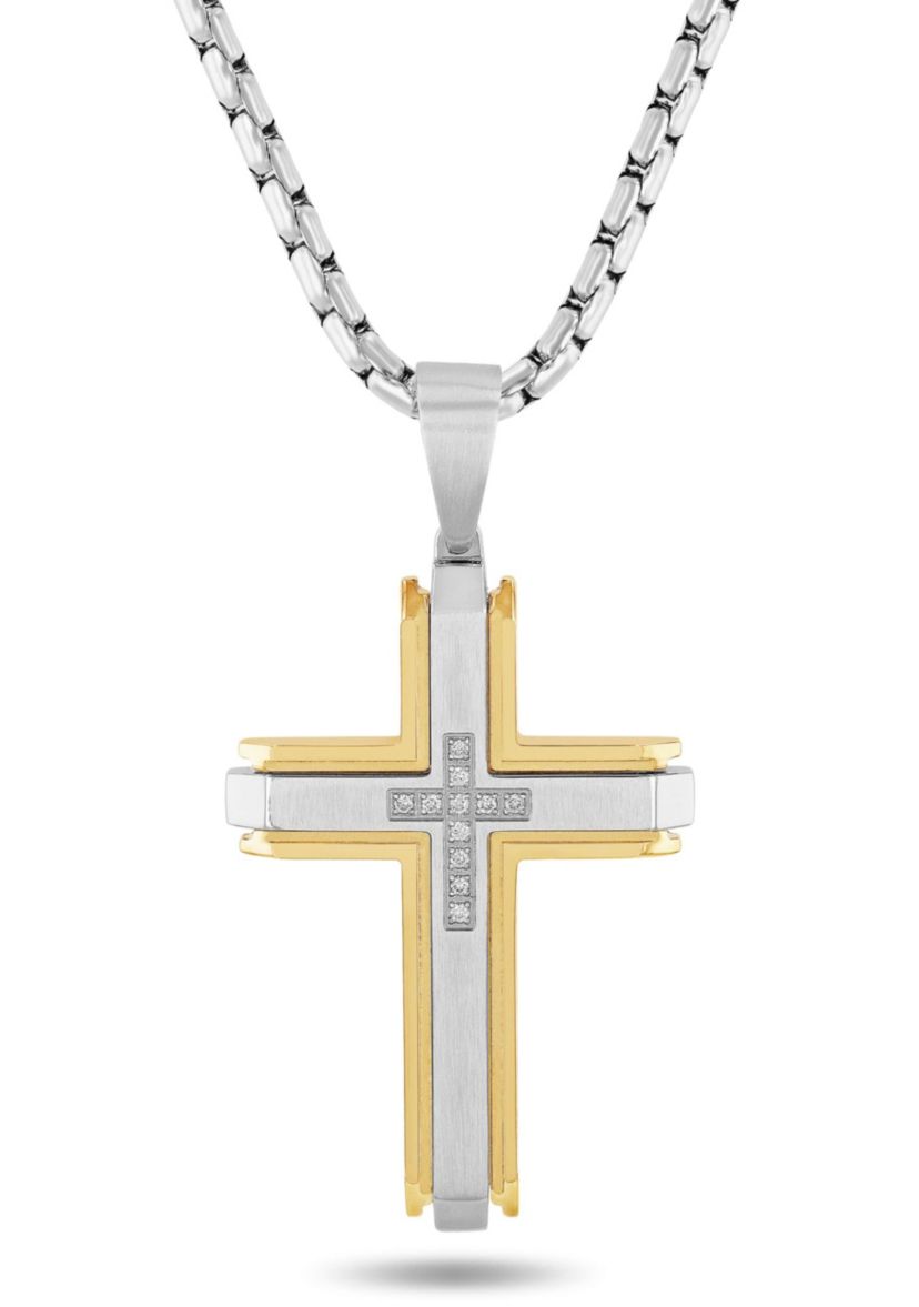 1/10CTW Diamond Stainless Steel Cross with Yellow Finish Pendant