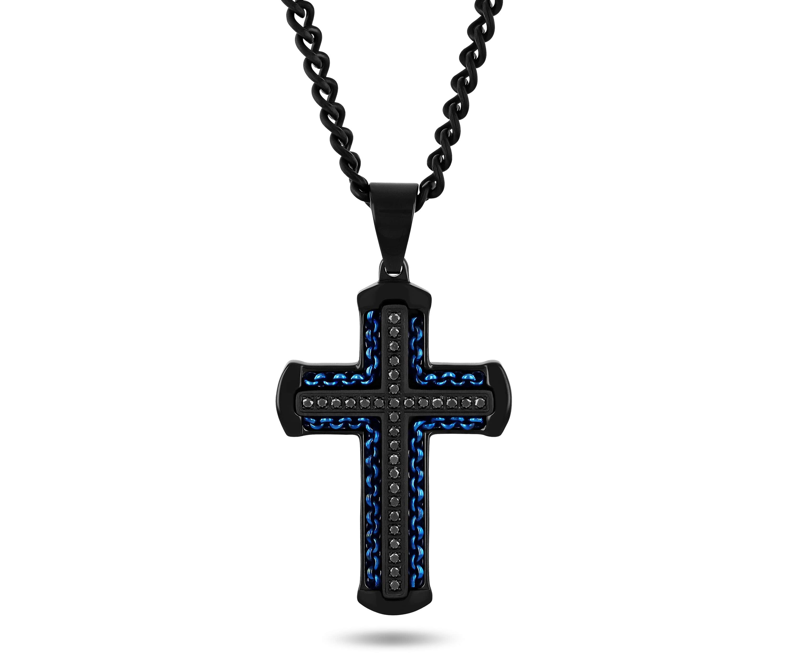 1/4CTW Black Diamond Stainless Steel Black and Blue Finish Cross Pendant