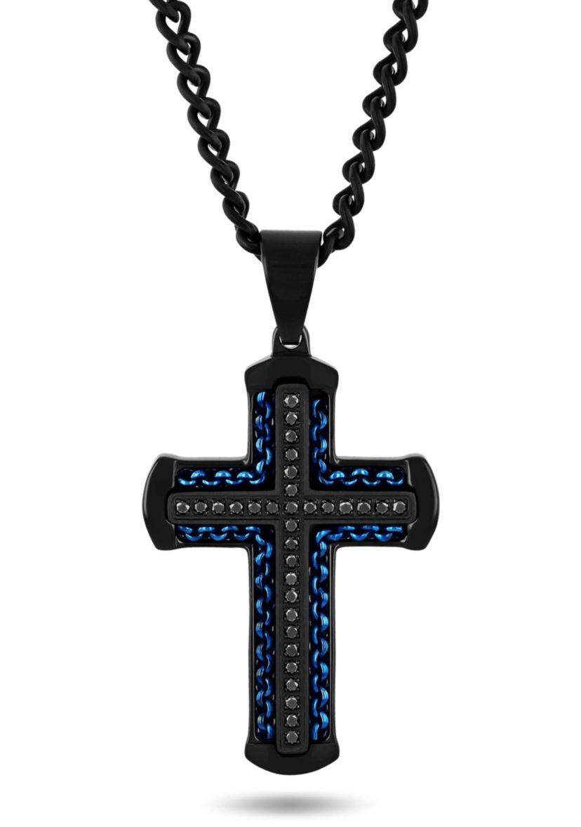 1/4CTW Black Diamond Stainless Steel Black and Blue Finish Cross Pendant