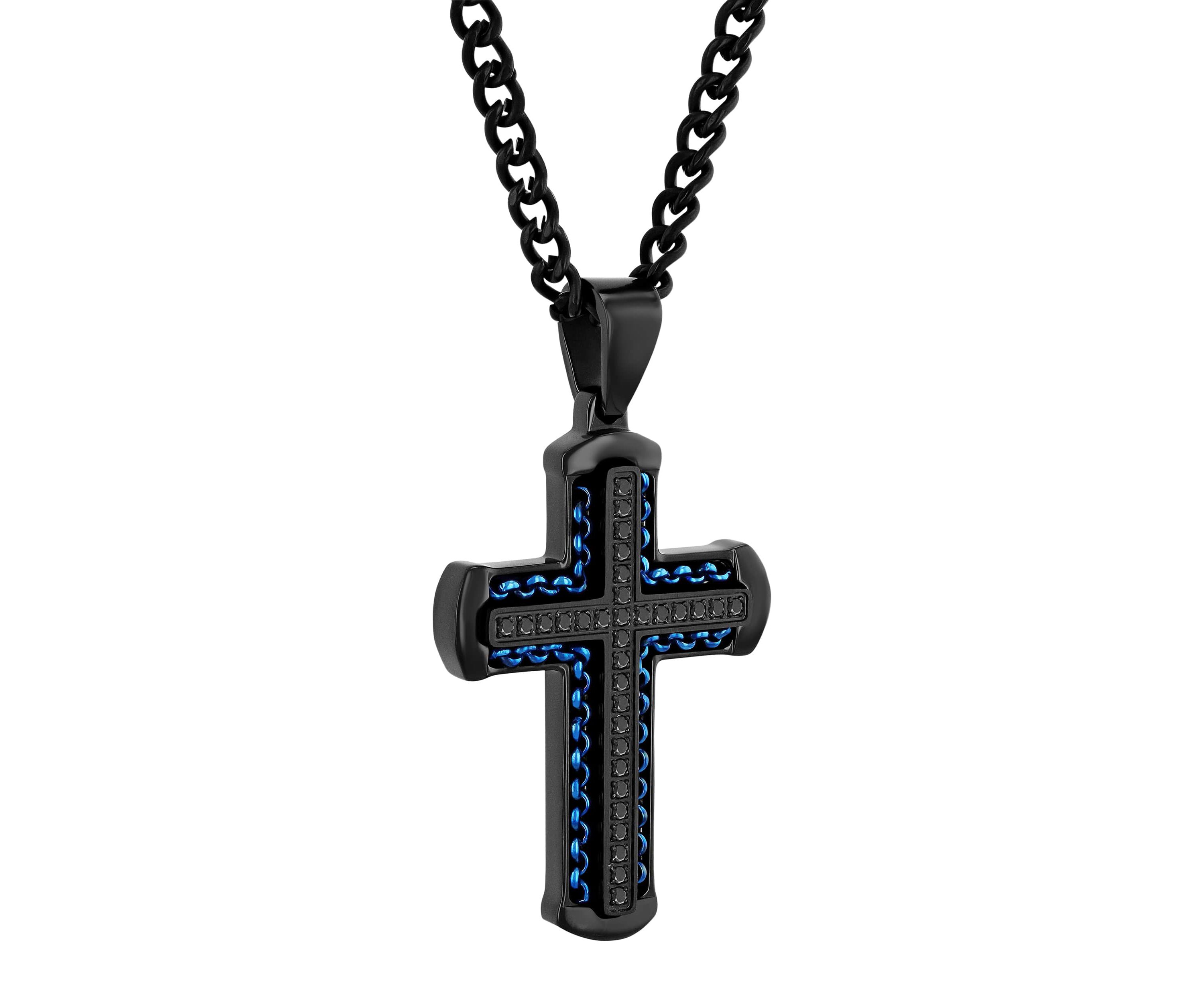 1/4CTW Black Diamond Stainless Steel Black and Blue Finish Cross Pendant
