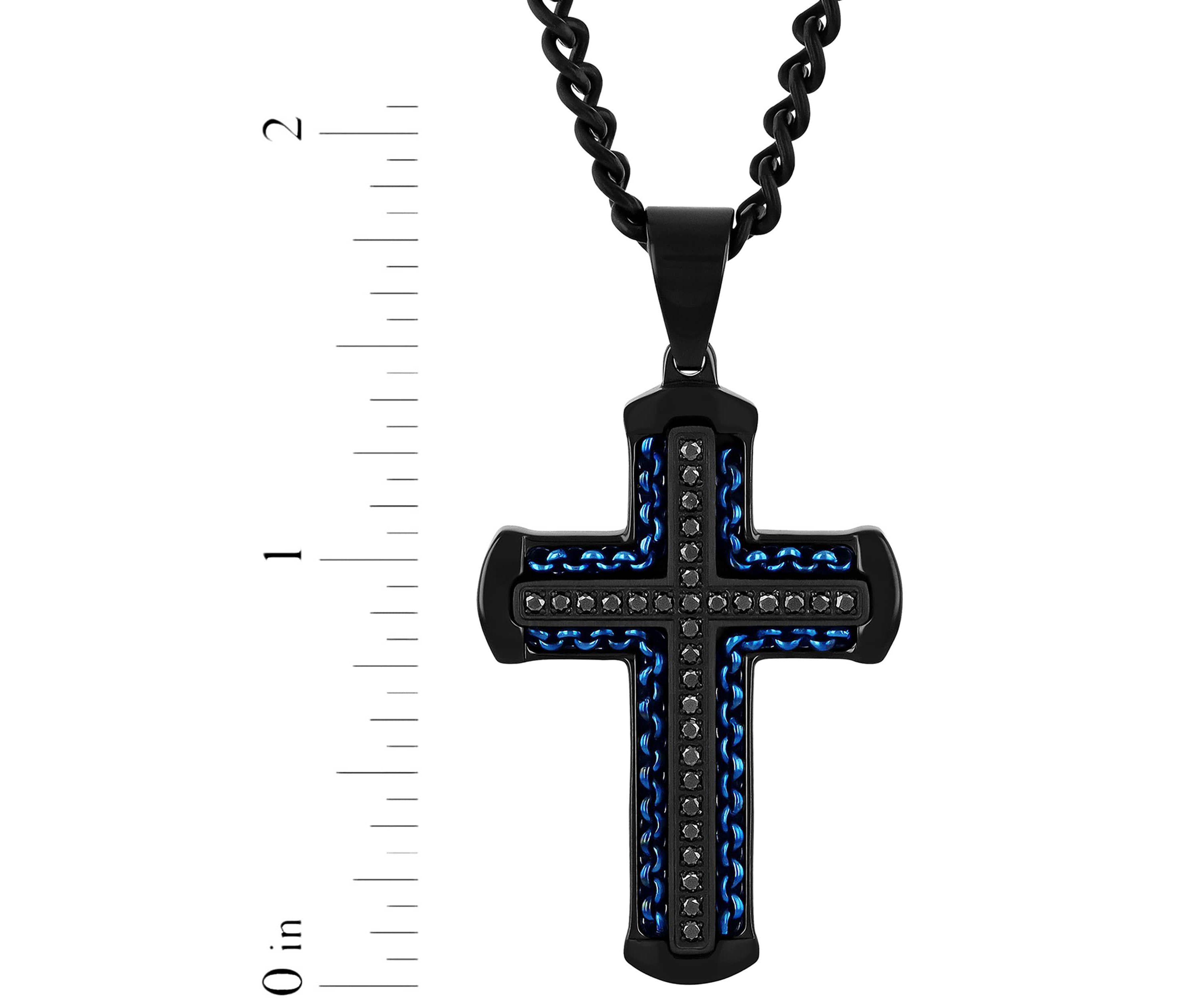 1/4CTW Black Diamond Stainless Steel Black and Blue Finish Cross Pendant