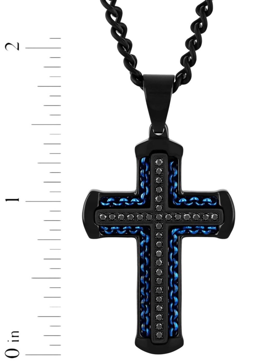 1/4CTW Black Diamond Stainless Steel Black and Blue Finish Cross Pendant