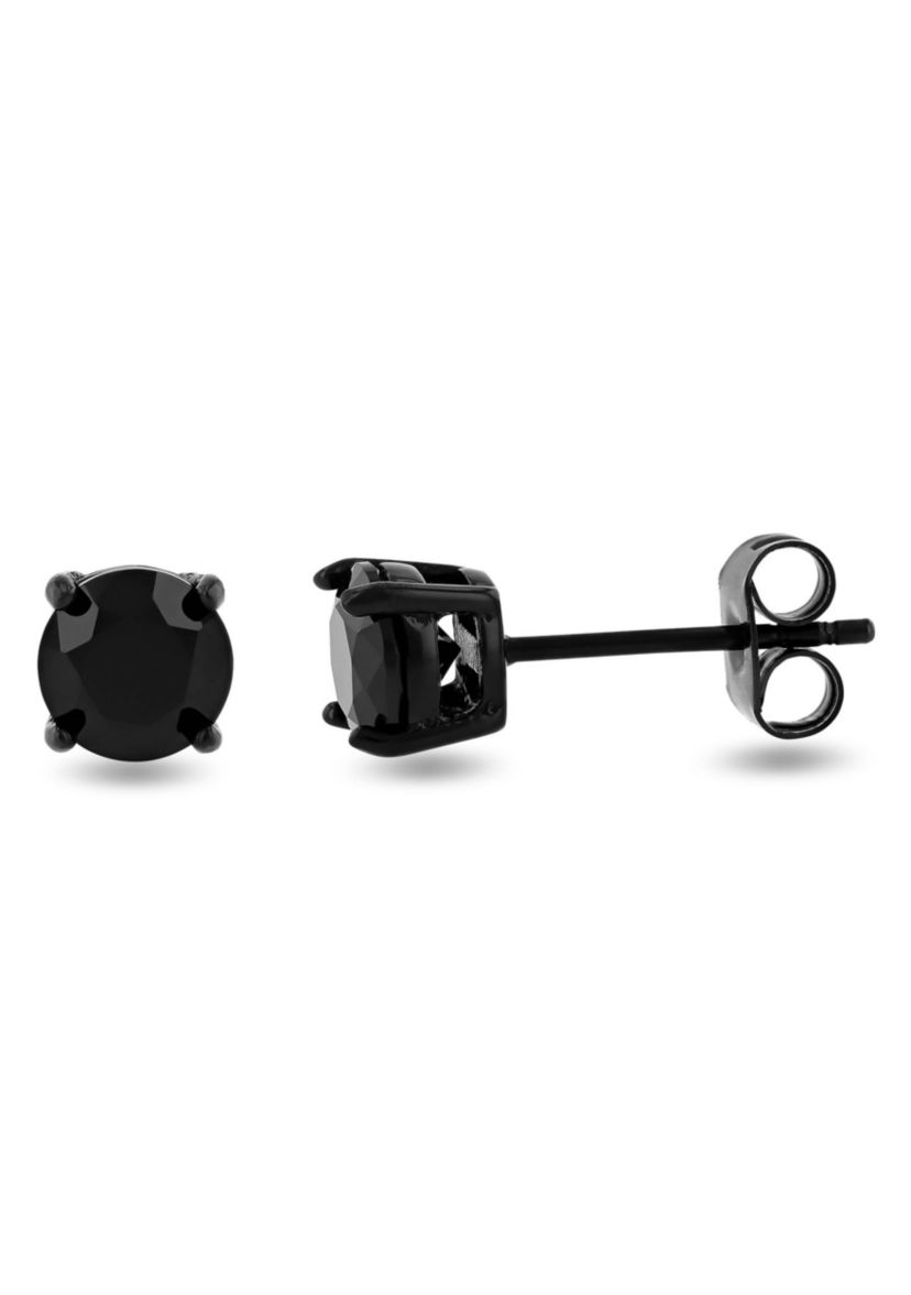 Mens Stainless Steel Round Black Spinel Black Finish Stud Earrings