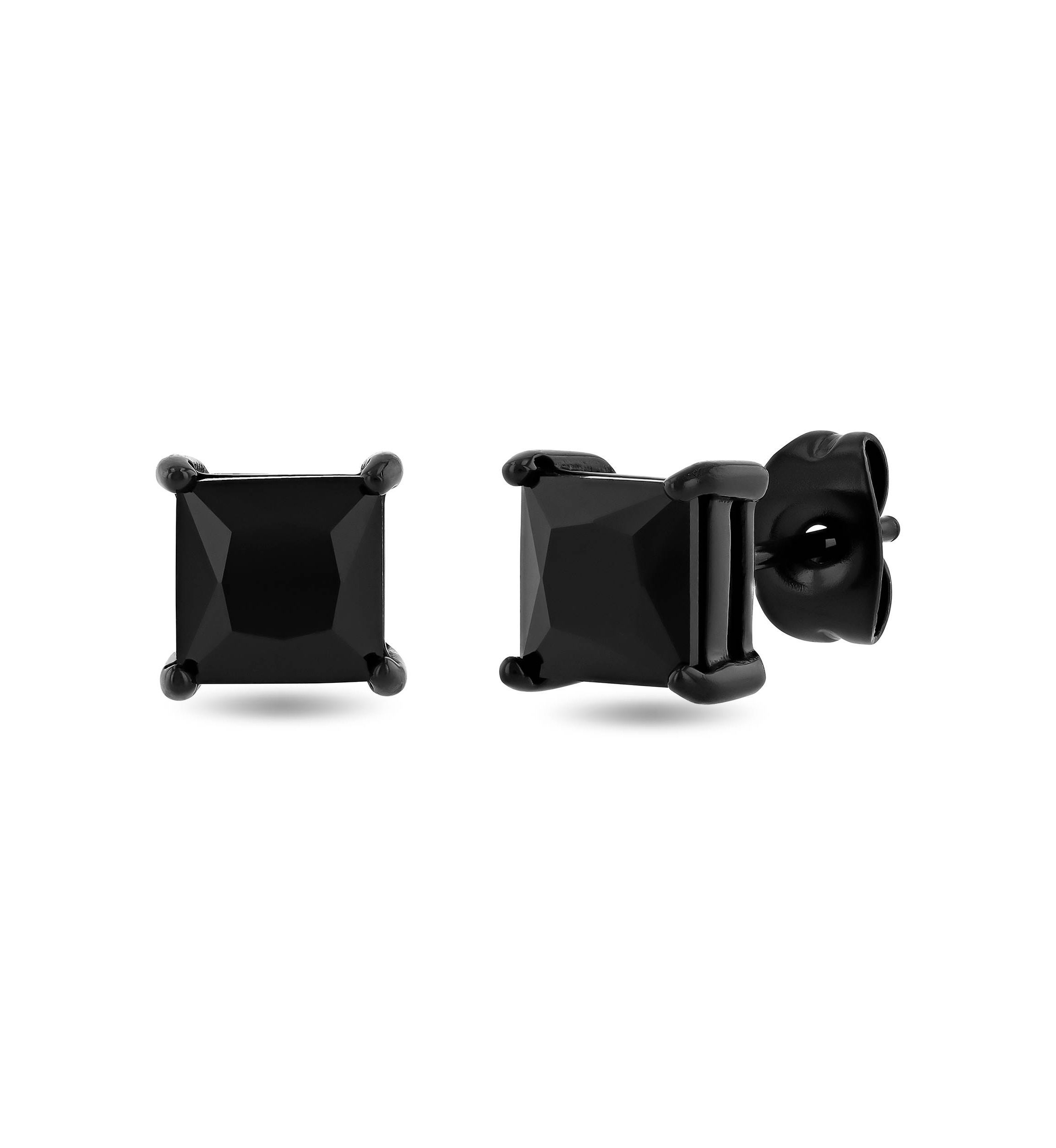 Mens Stainless Steel Square Black Spinel Black Finish Stud Earrings