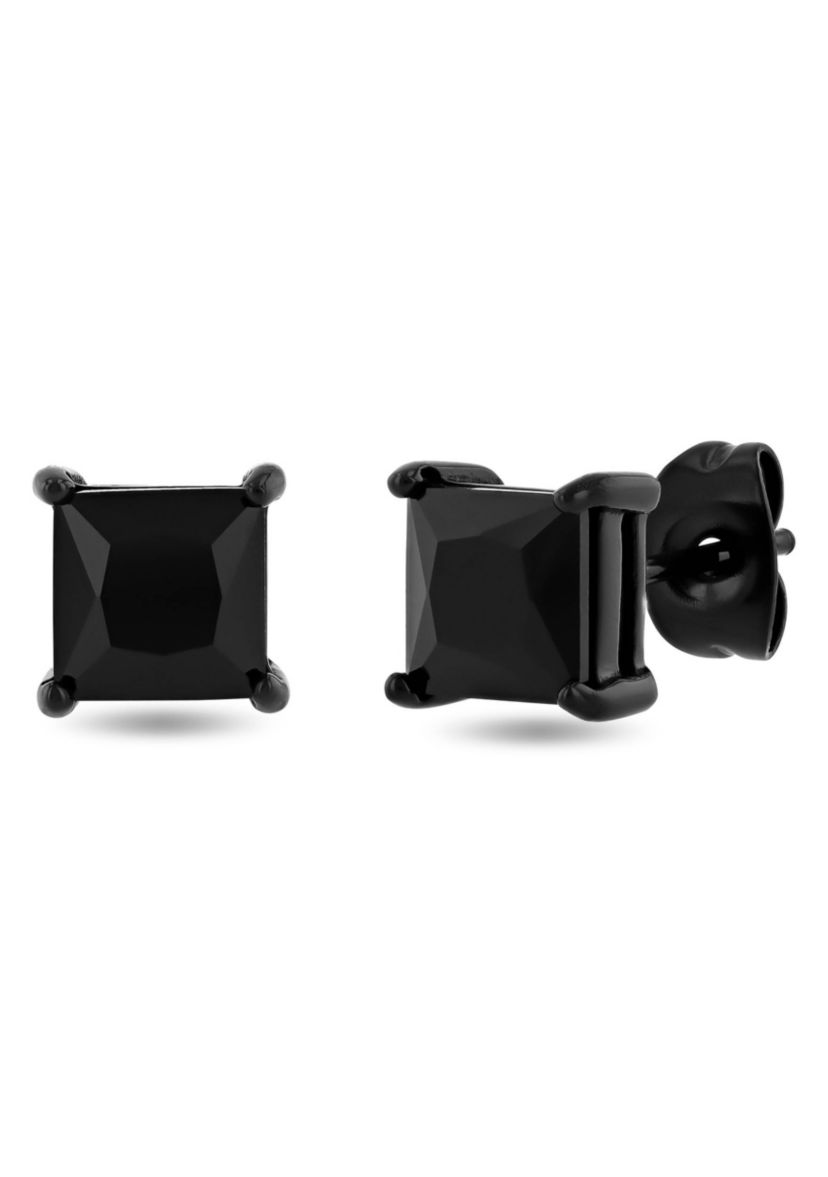 Mens Stainless Steel Square Black Spinel Black Finish Stud Earrings