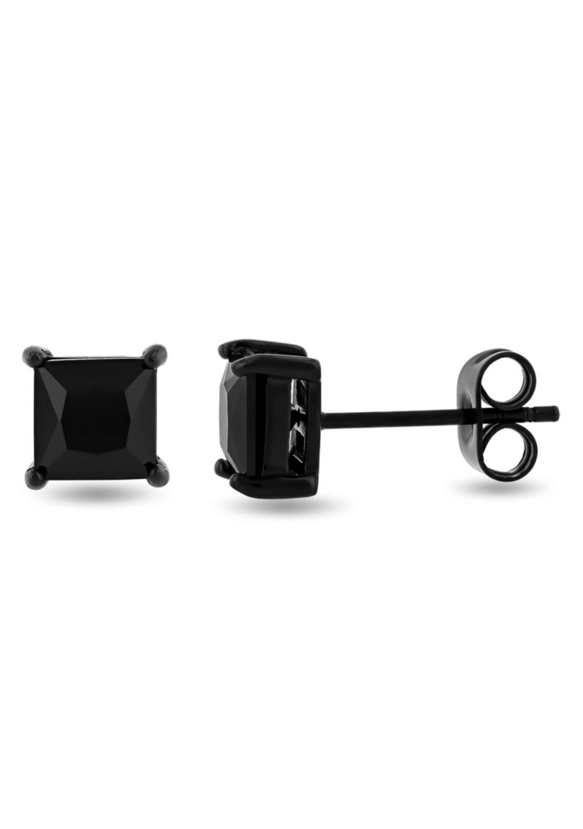 Mens Stainless Steel Square Black Spinel Black Finish Stud Earrings