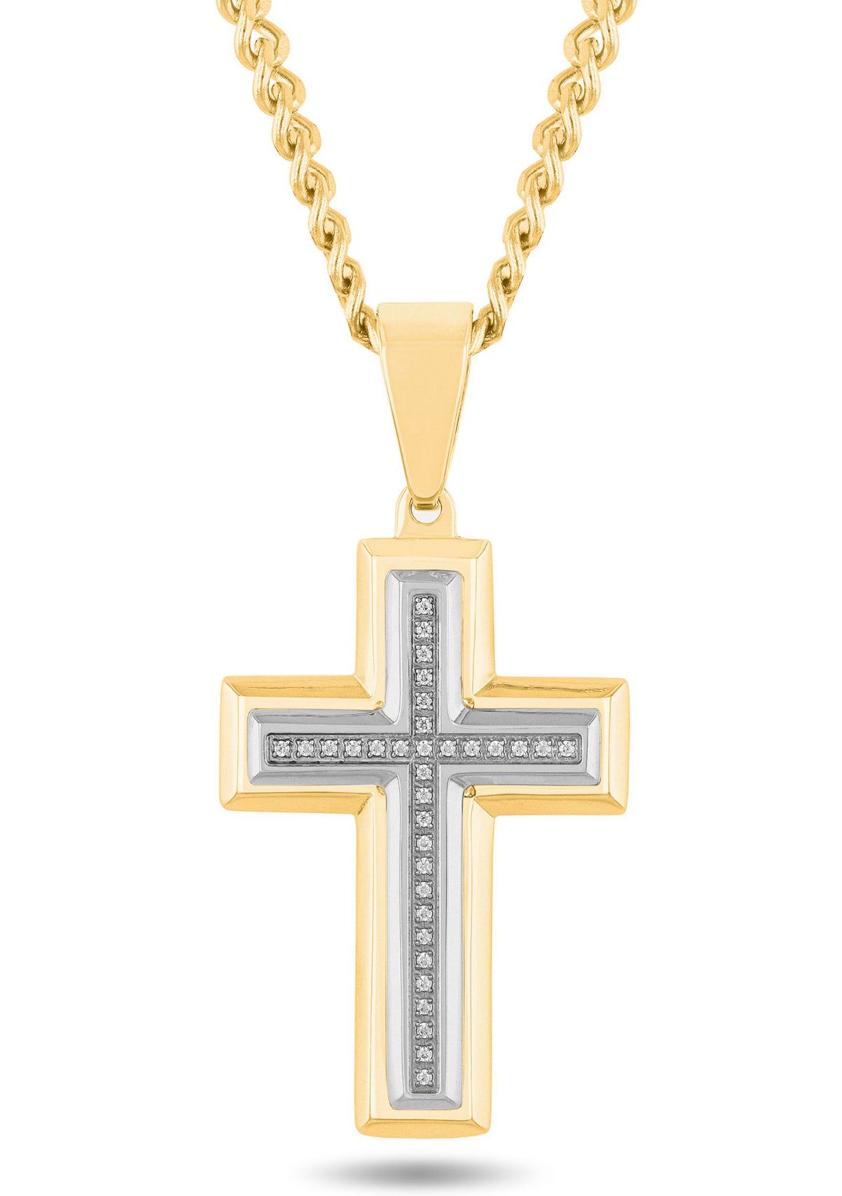 1/10CTW Diamond Mens Stainless Steel Yellow and White Two-tone Cross Pendant