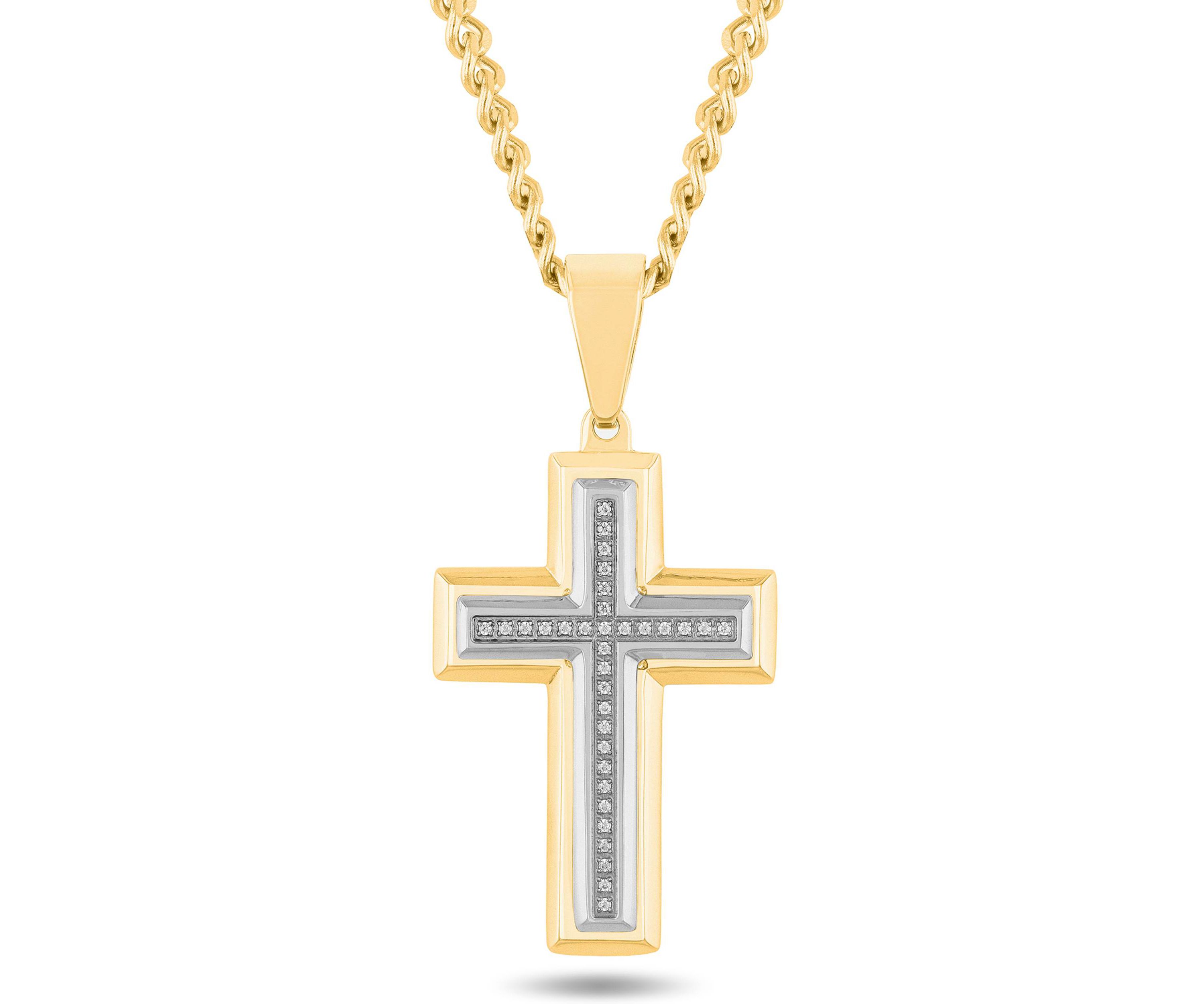 1/10CTW Diamond Mens Stainless Steel Yellow and White Two-tone Cross Pendant