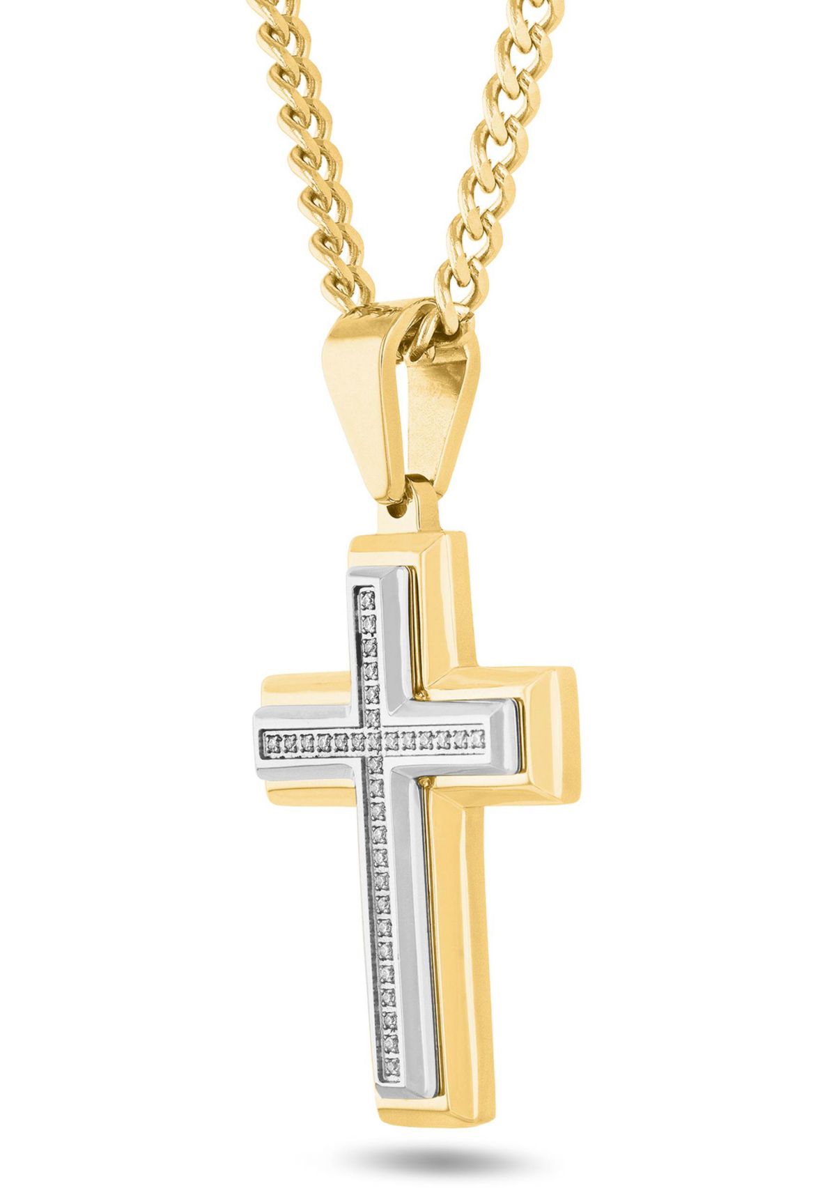 1/10CTW Diamond Mens Stainless Steel Yellow and White Two-tone Cross Pendant