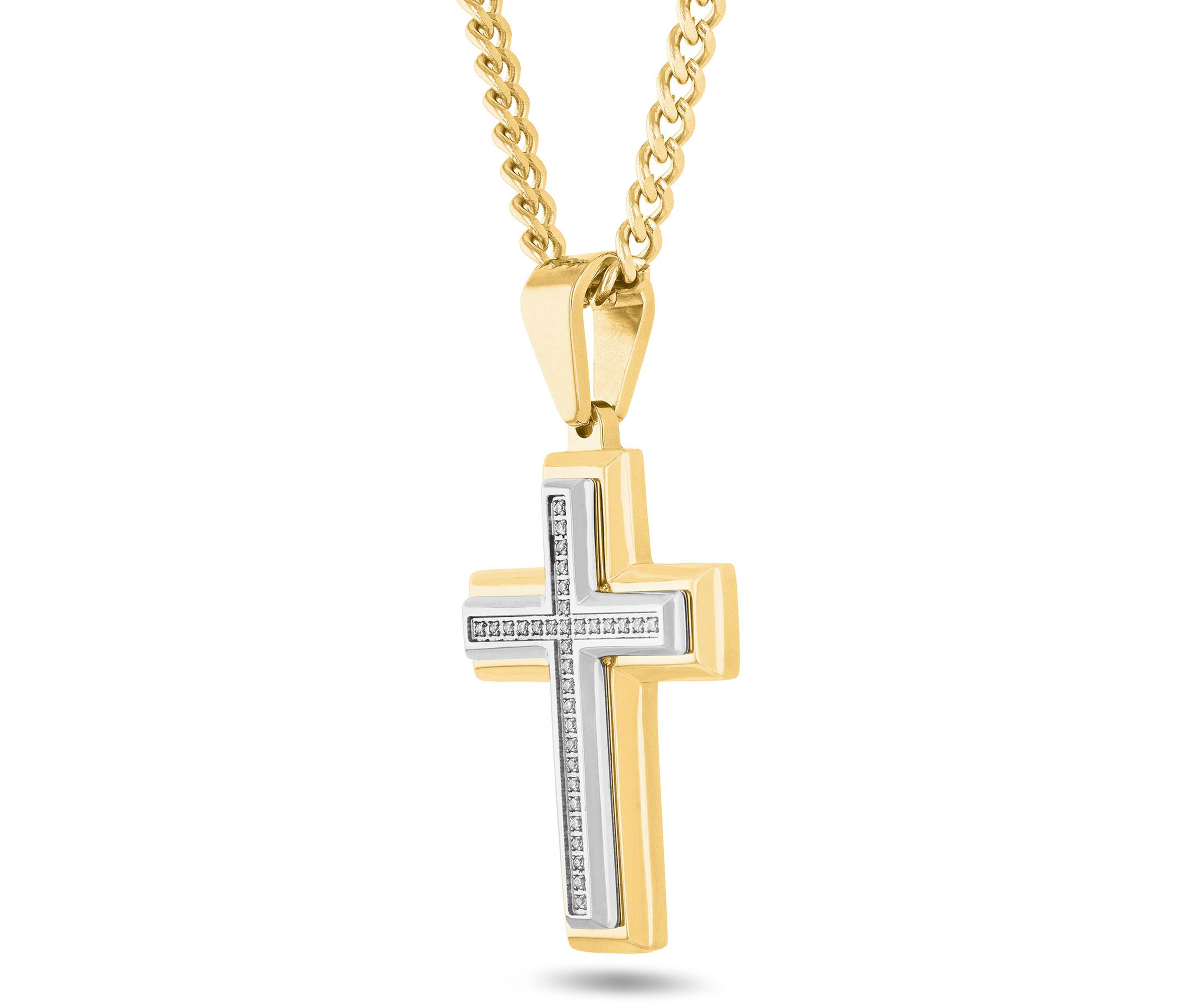 1/10CTW Diamond Mens Stainless Steel Yellow and White Two-tone Cross Pendant