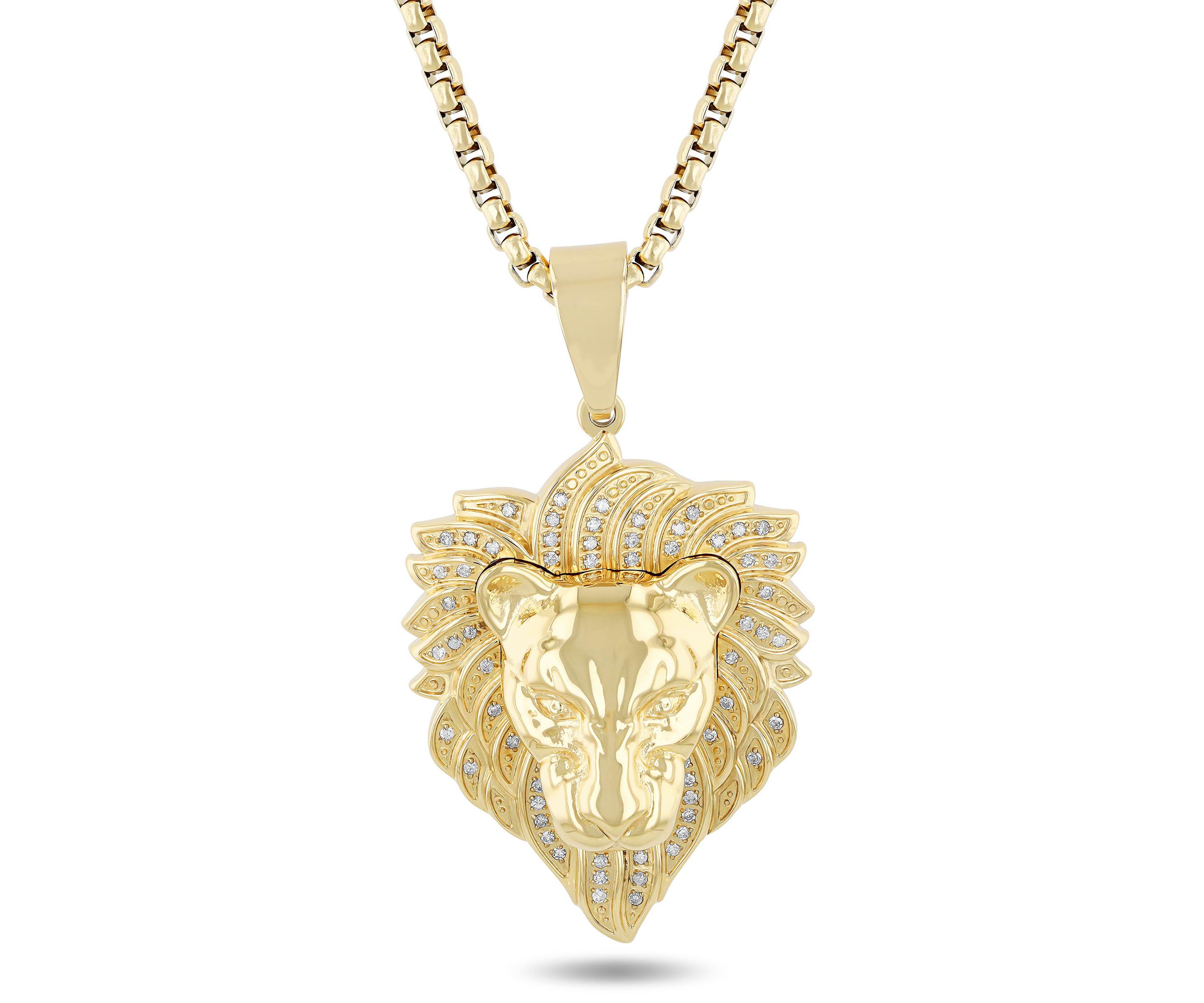 1/4CTW Diamond Mens Stainless Steel Yellow Finish Lions Head Pendant