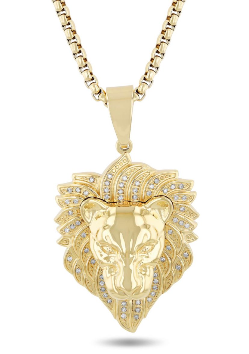 1/4CTW Diamond Mens Stainless Steel Yellow Finish Lions Head Pendant