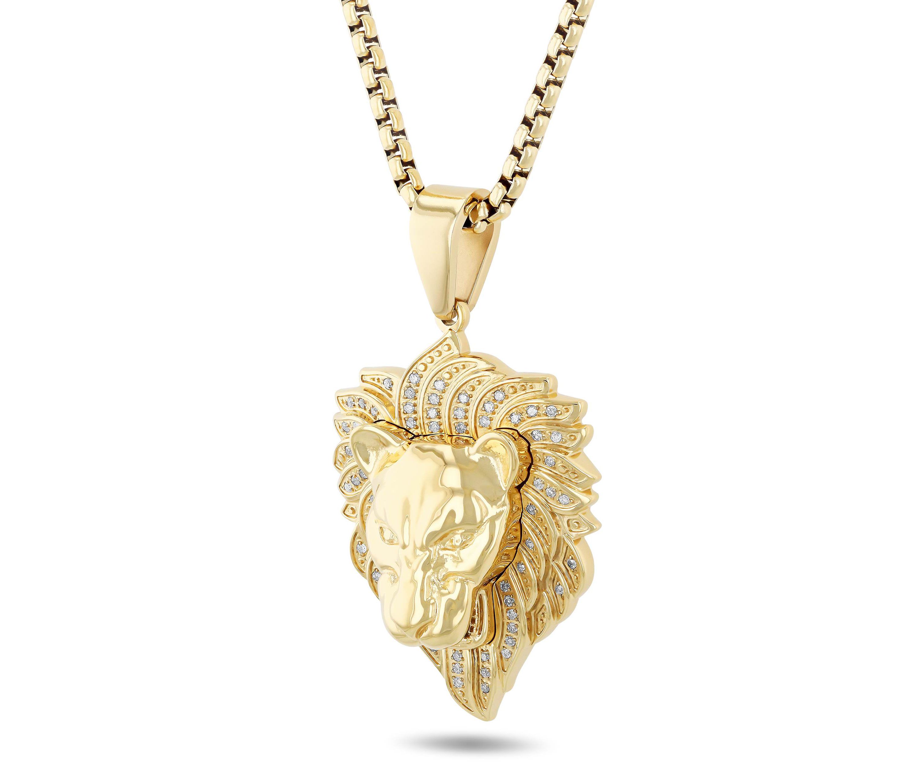 1/4CTW Diamond Mens Stainless Steel Yellow Finish Lions Head Pendant