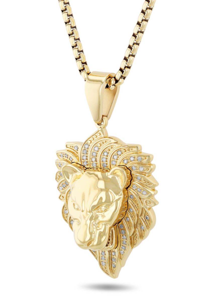 1/4CTW Diamond Mens Stainless Steel Yellow Finish Lions Head Pendant