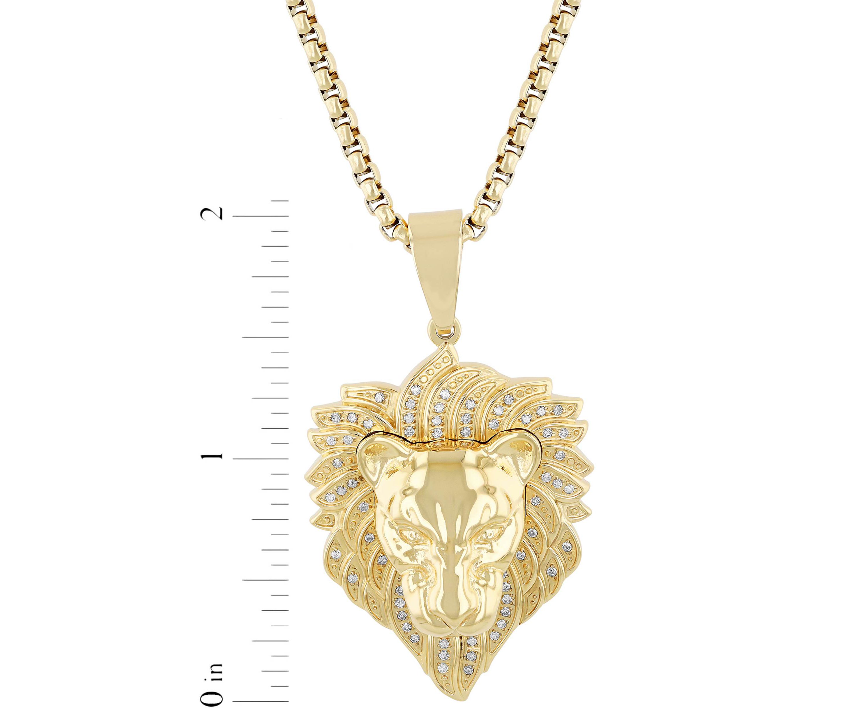 1/4CTW Diamond Mens Stainless Steel Yellow Finish Lions Head Pendant