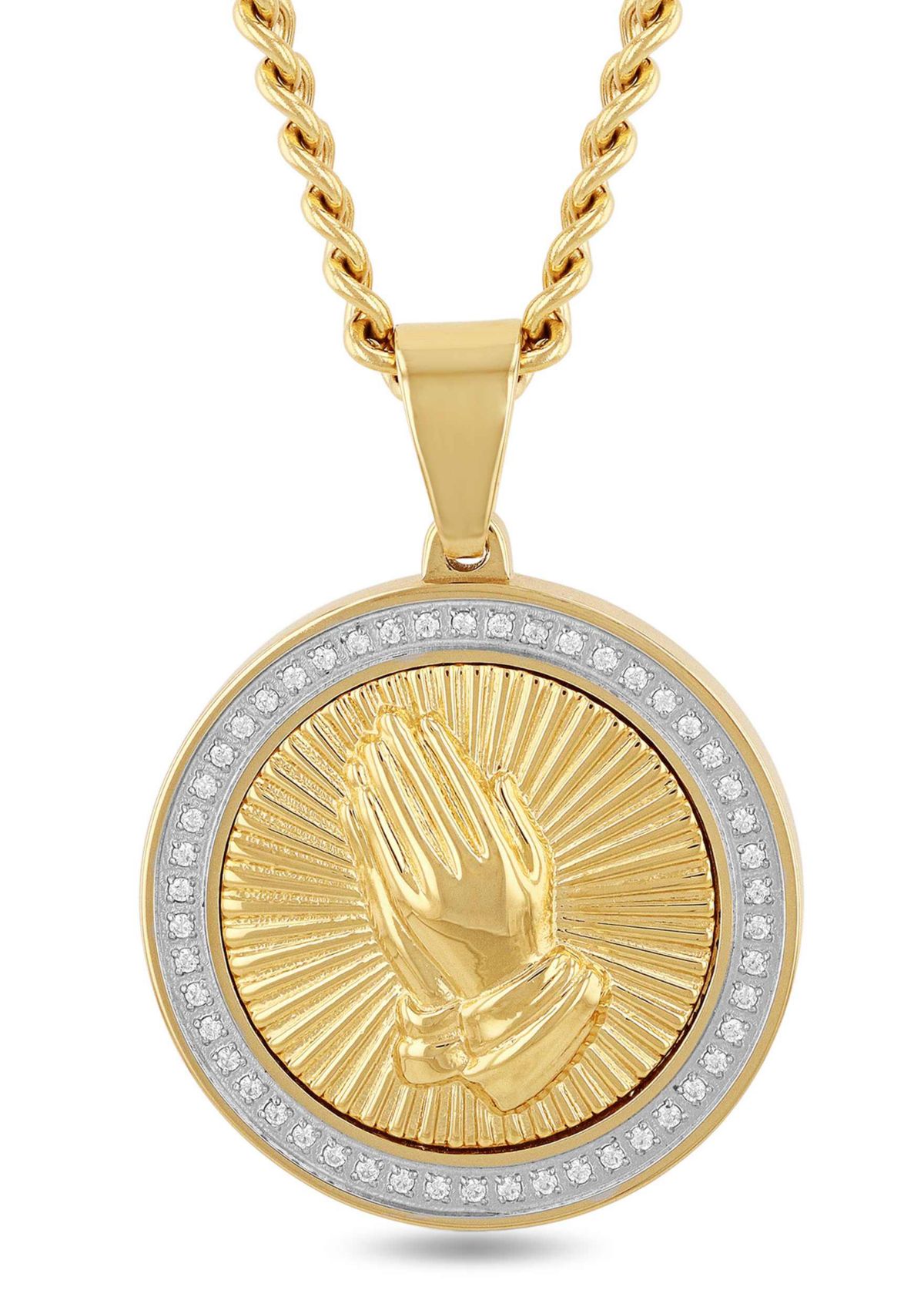 1/4CTW Diamond Mens Stainless Steel Yellow and White Two-tone Finish Praying Hands Medallion Pendant