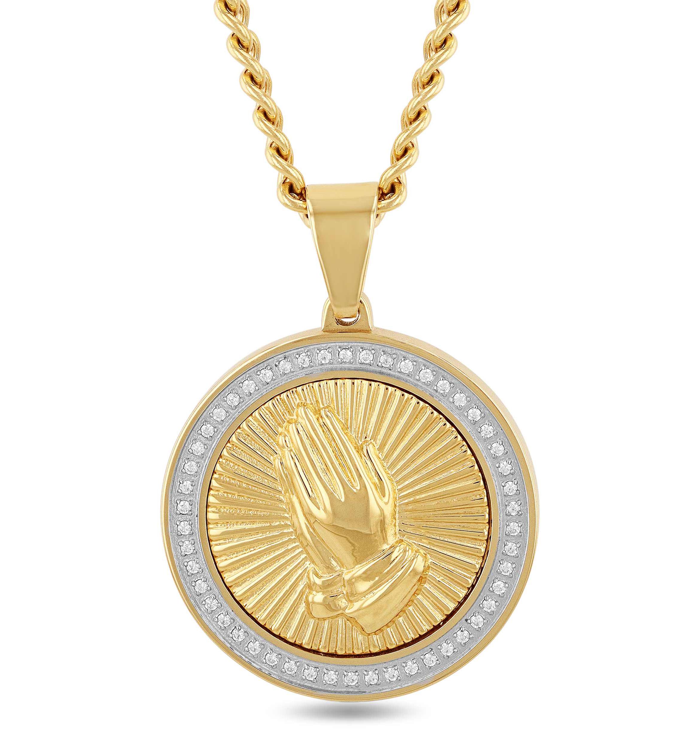 1/4CTW Diamond Mens Stainless Steel Yellow and White Two-tone Finish Praying Hands Medallion Pendant