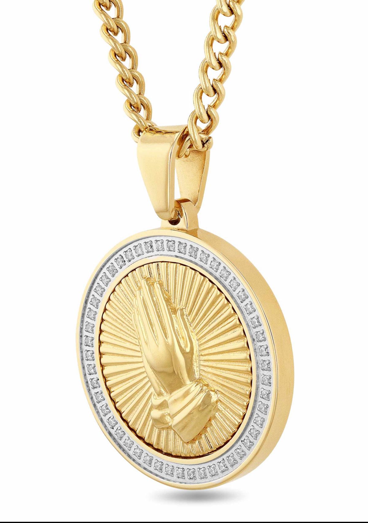 1/4CTW Diamond Mens Stainless Steel Yellow and White Two-tone Finish Praying Hands Medallion Pendant
