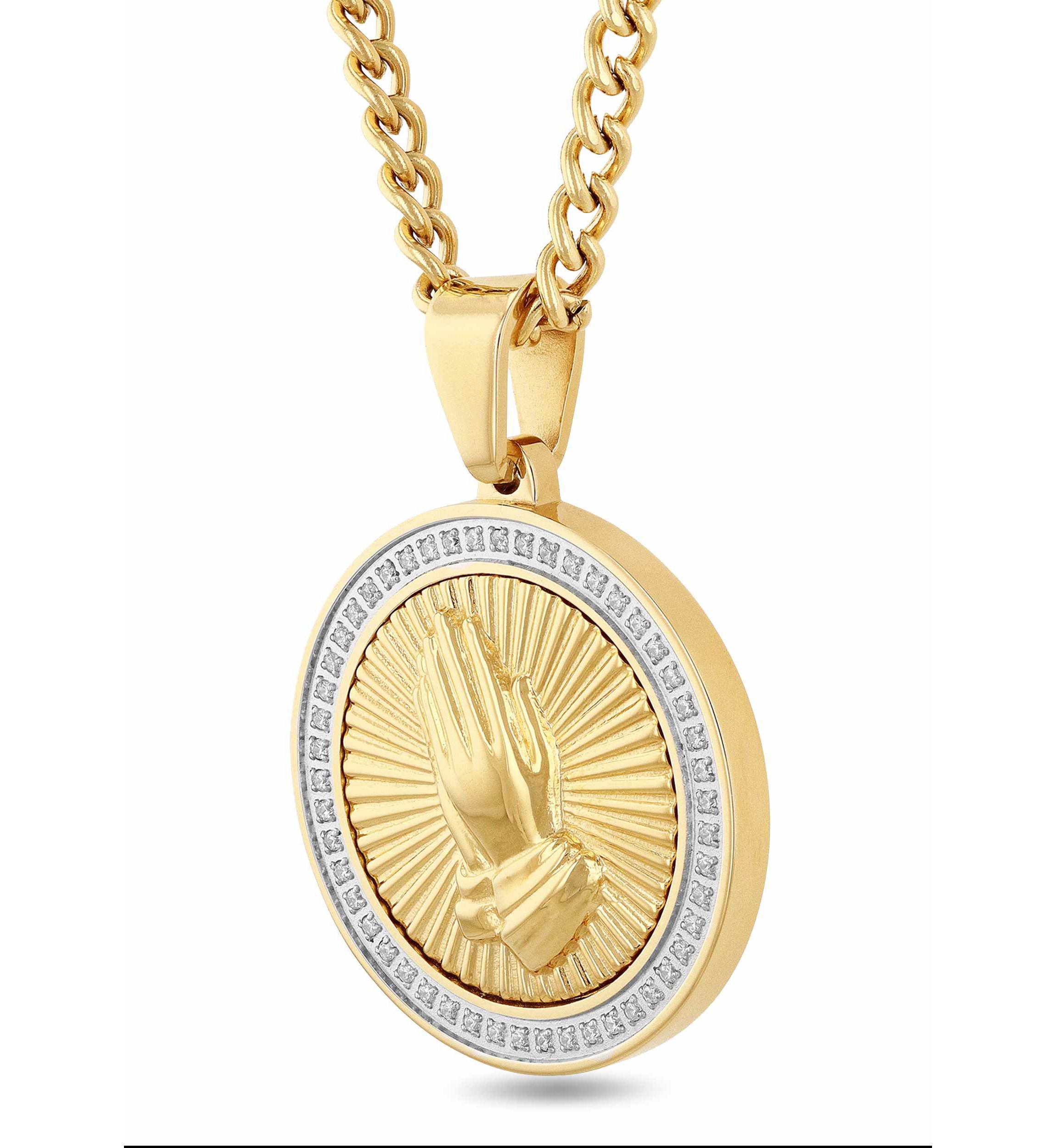 1/4CTW Diamond Mens Stainless Steel Yellow and White Two-tone Finish Praying Hands Medallion Pendant