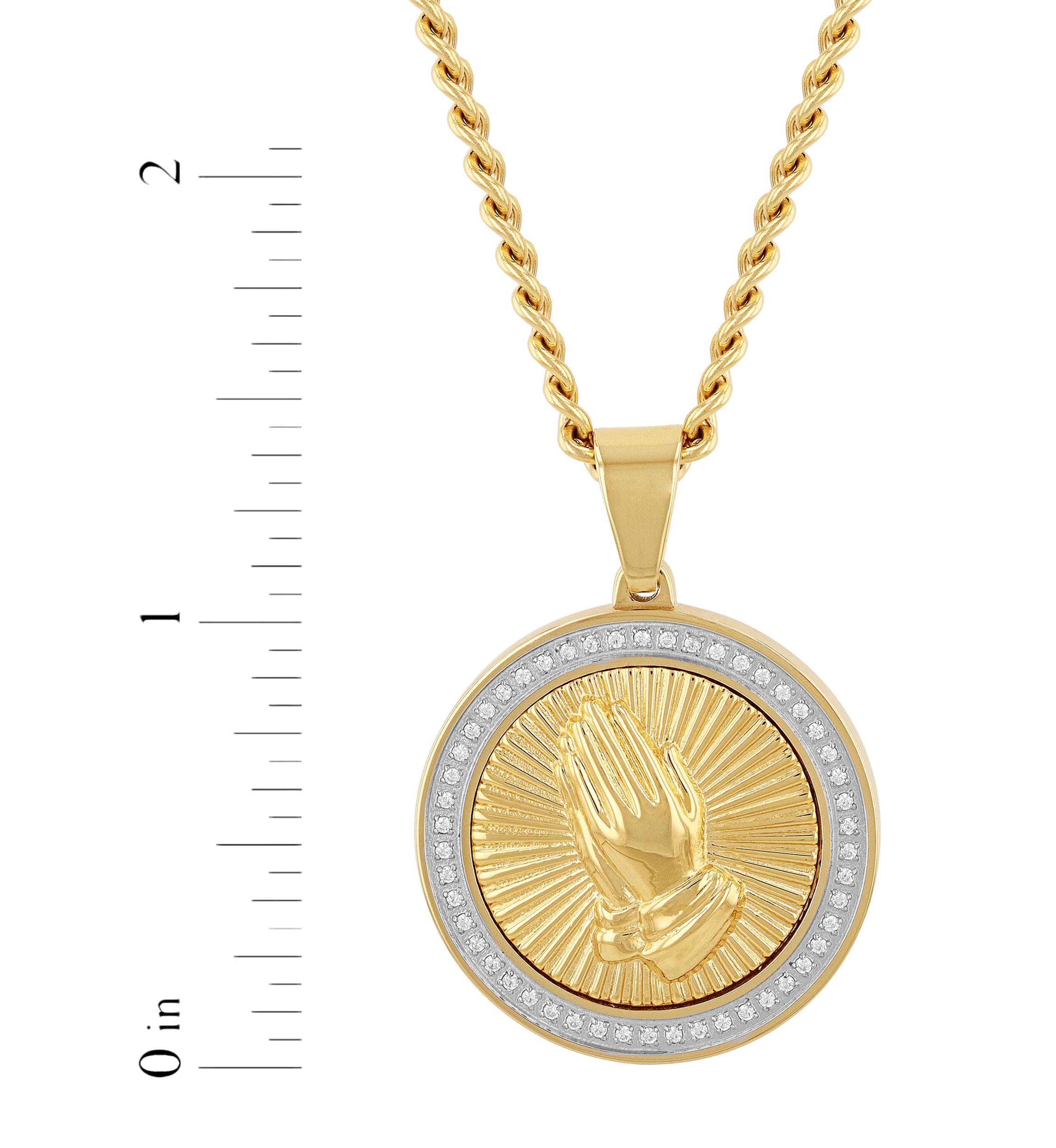 1/4CTW Diamond Mens Stainless Steel Yellow and White Two-tone Finish Praying Hands Medallion Pendant