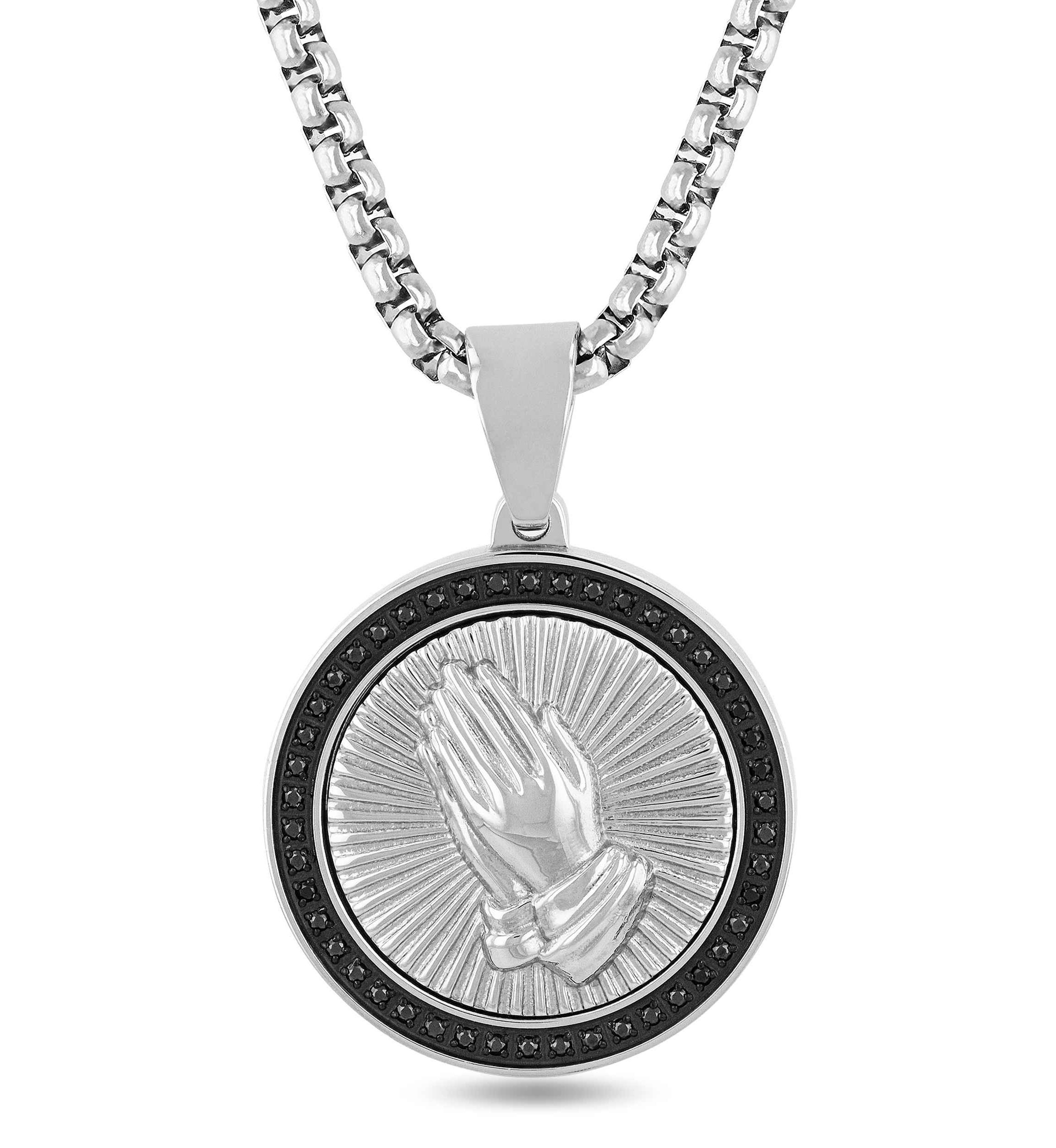 1/4CTW Black Diamond Mens Stainless Steel Black and White Two-tone Finish Praying Hands Medallion Pendant