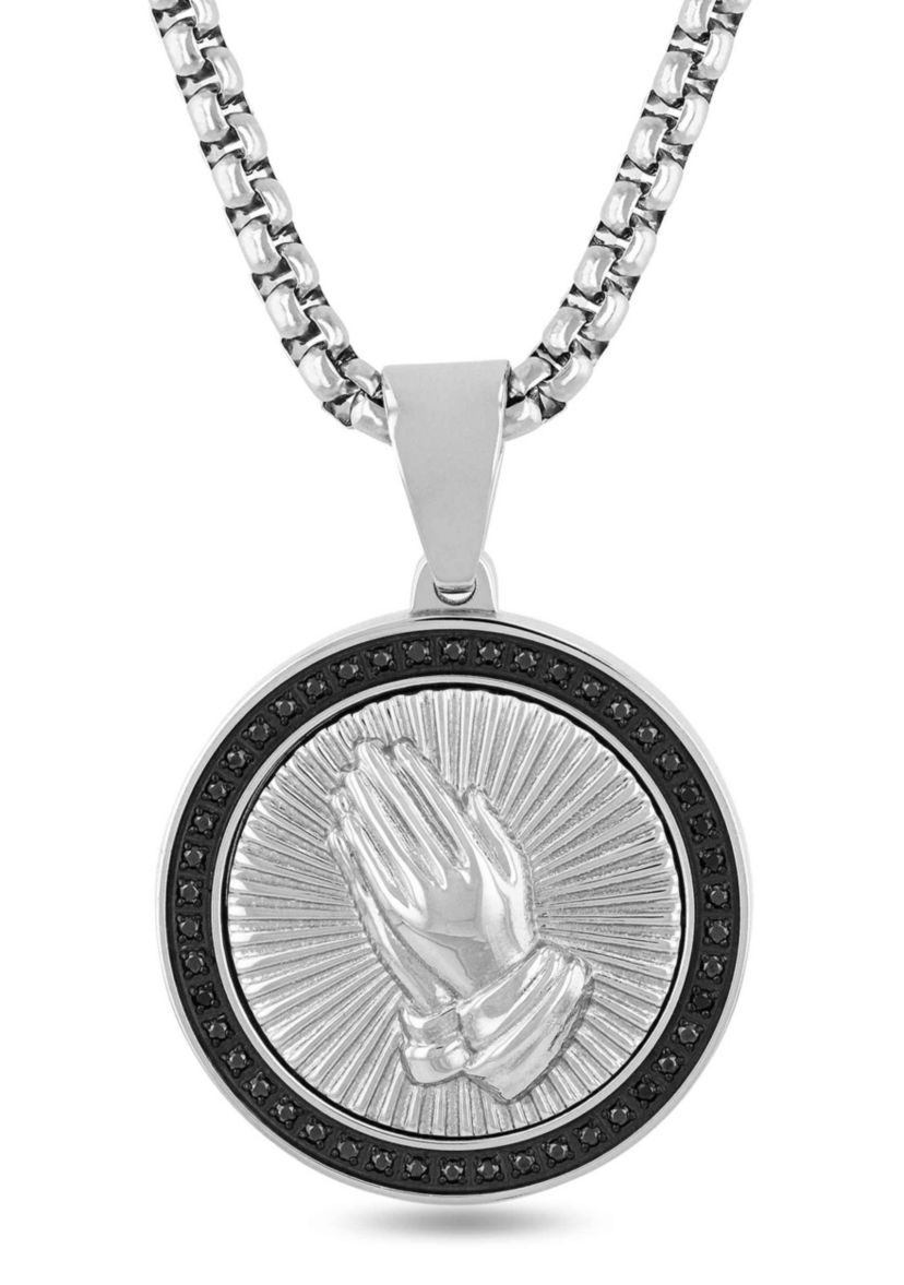 1/4CTW Black Diamond Mens Stainless Steel Black and White Two-tone Finish Praying Hands Medallion Pendant