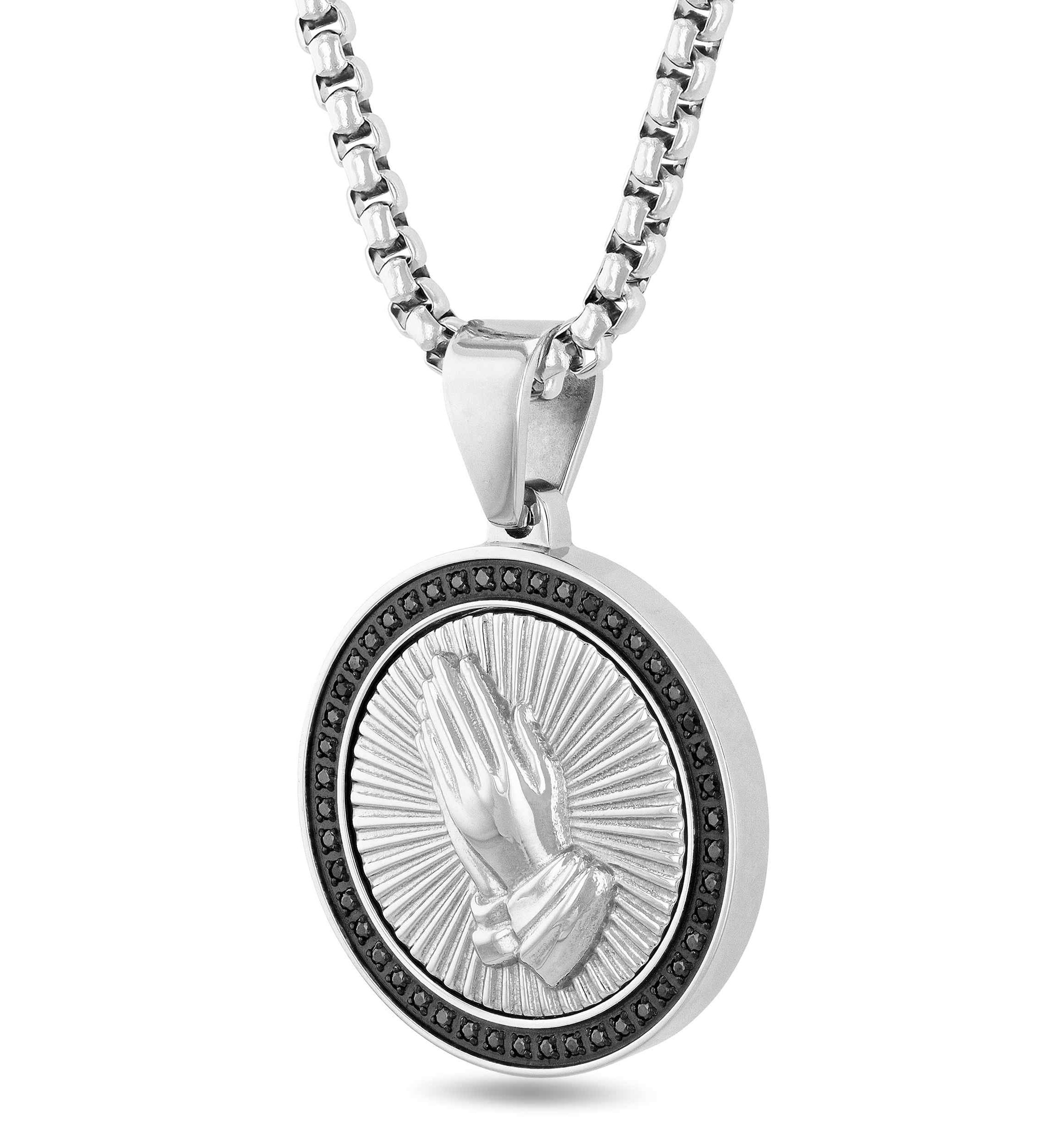 1/4CTW Black Diamond Mens Stainless Steel Black and White Two-tone Finish Praying Hands Medallion Pendant