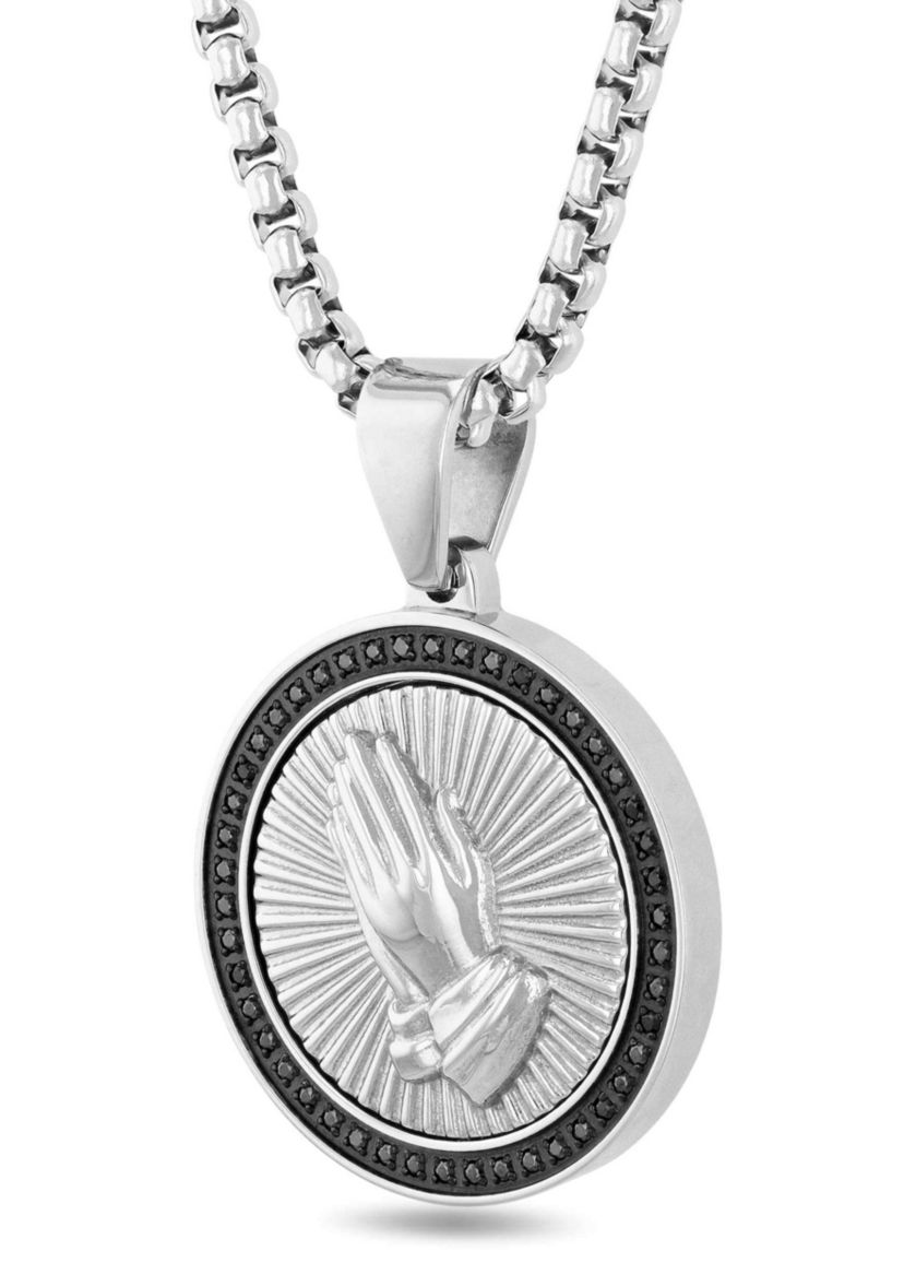 1/4CTW Black Diamond Mens Stainless Steel Black and White Two-tone Finish Praying Hands Medallion Pendant