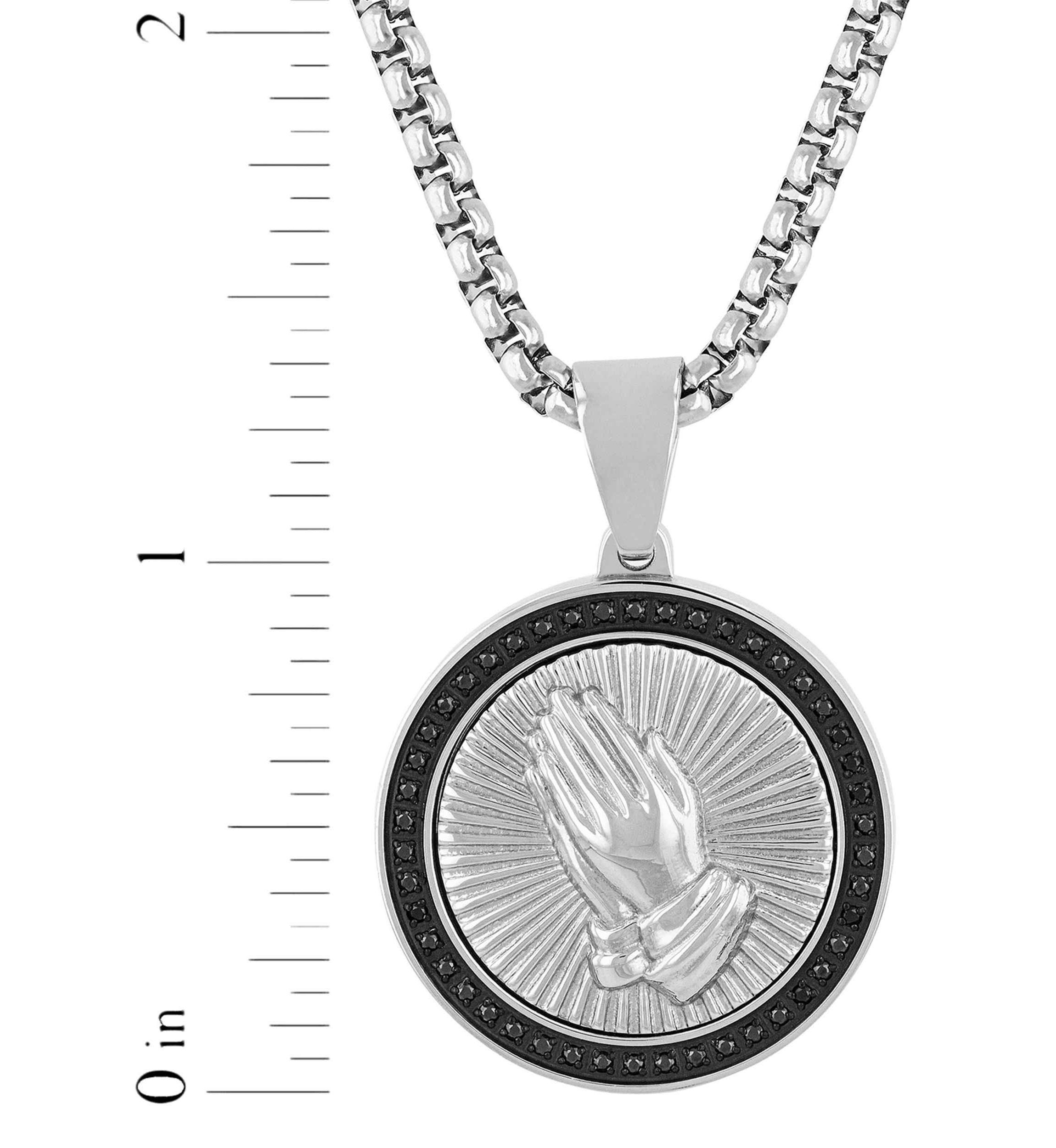 1/4CTW Black Diamond Mens Stainless Steel Black and White Two-tone Finish Praying Hands Medallion Pendant