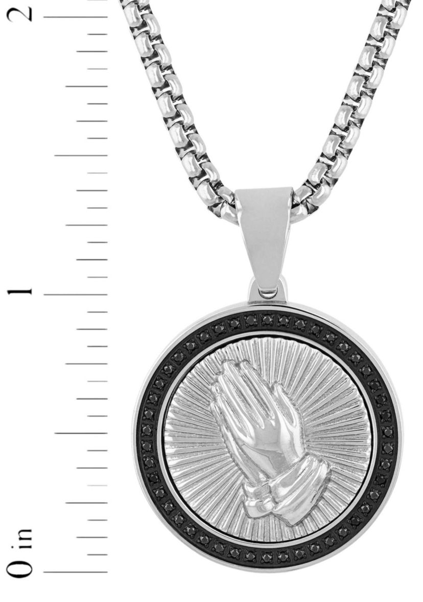 1/4CTW Black Diamond Mens Stainless Steel Black and White Two-tone Finish Praying Hands Medallion Pendant