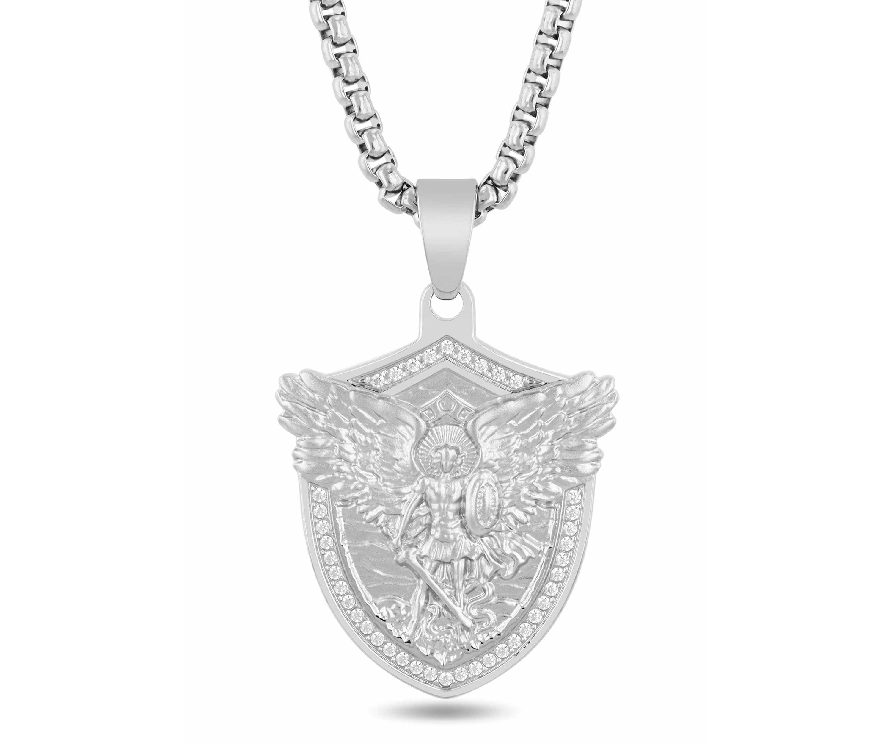 1/5CTW Mens Stainless Steel St. Michael Shield Pendant