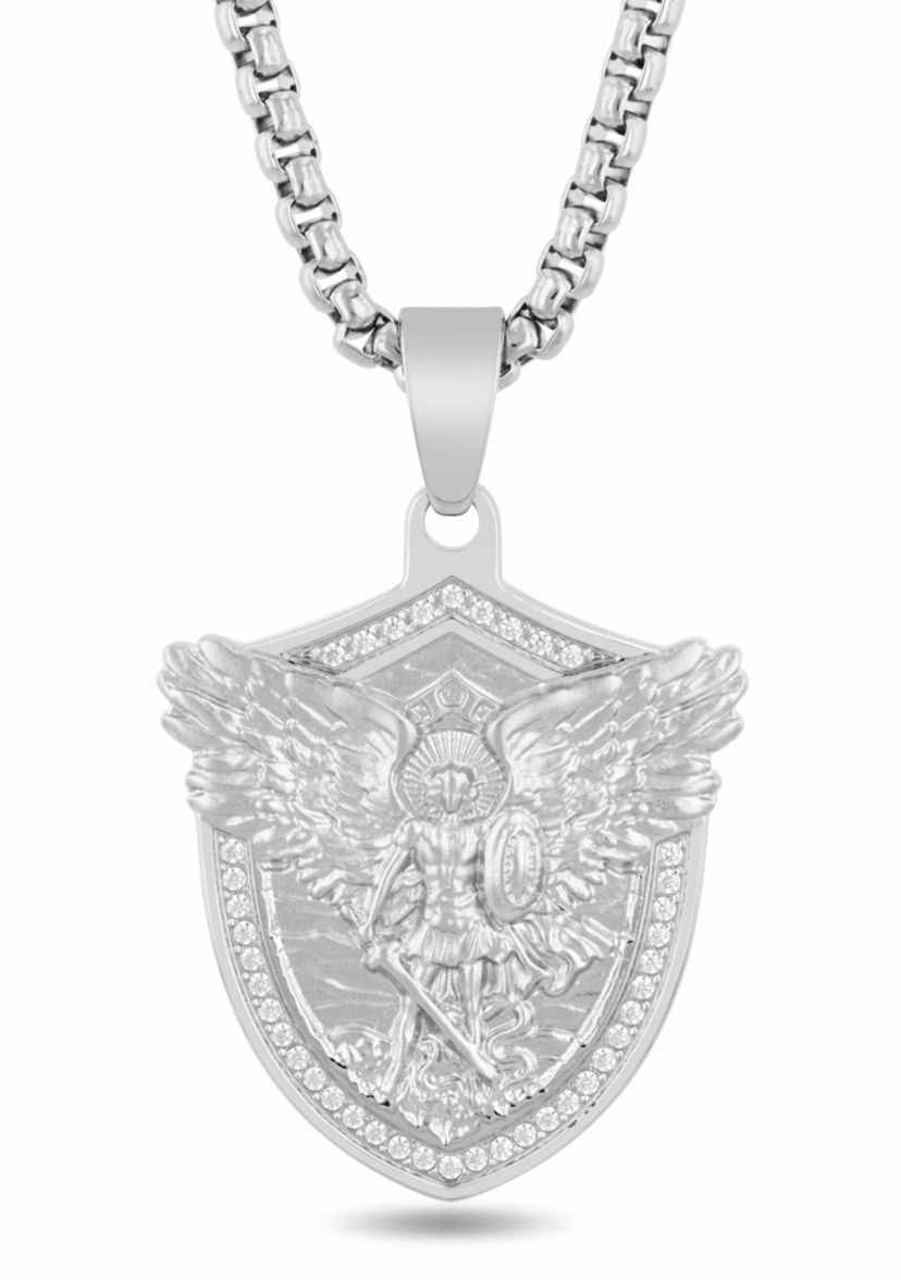 1/5CTW Mens Stainless Steel St. Michael Shield Pendant