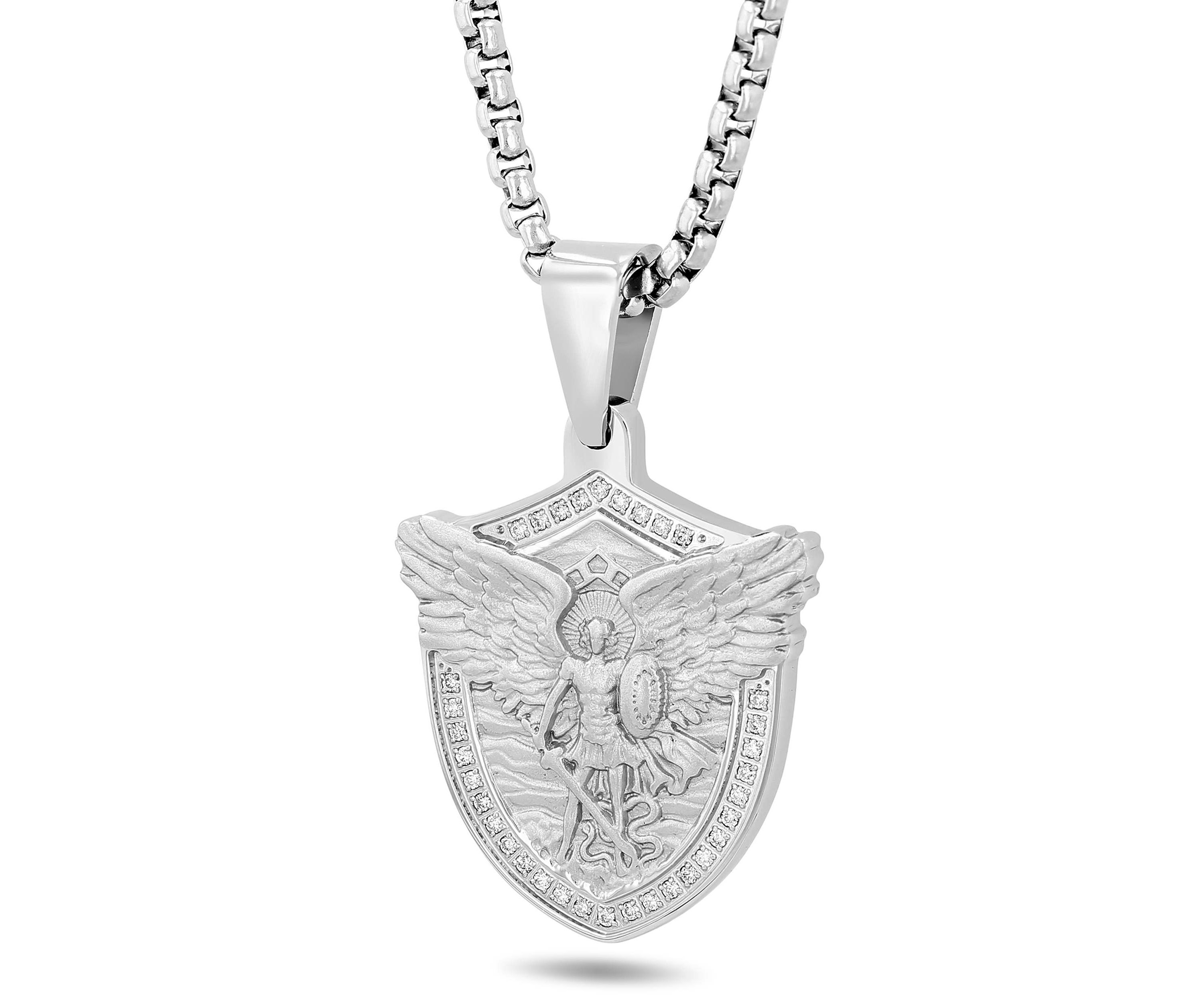 1/5CTW Mens Stainless Steel St. Michael Shield Pendant