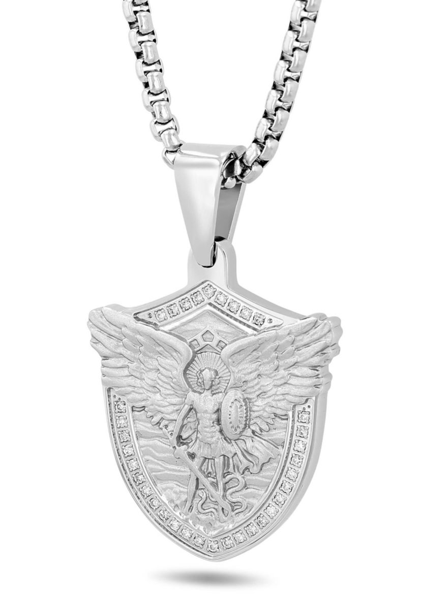 1/5CTW Mens Stainless Steel St. Michael Shield Pendant