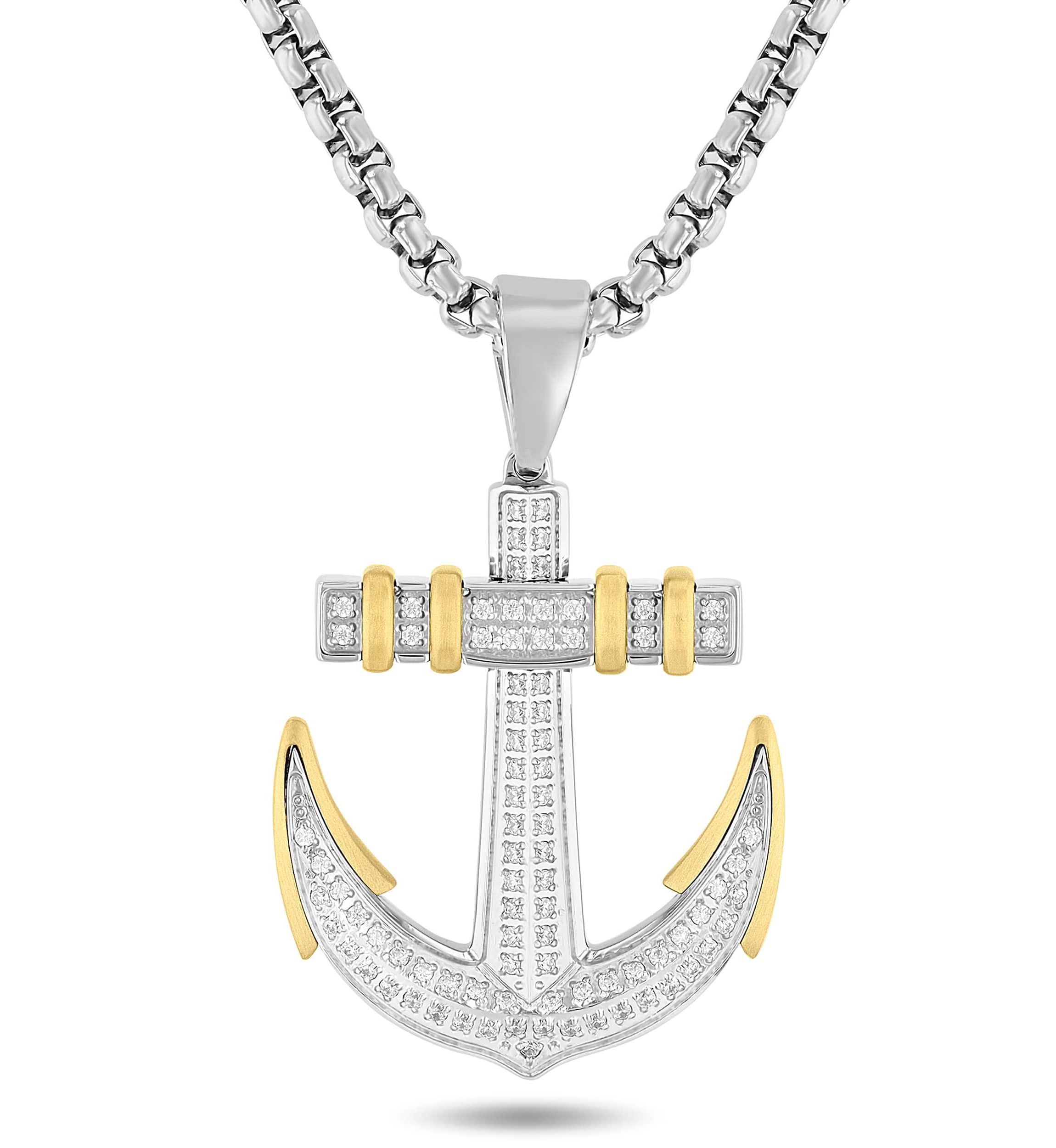 3/8CTW Diamond Stainless Steel with Yellow Finish Anchor Pendant