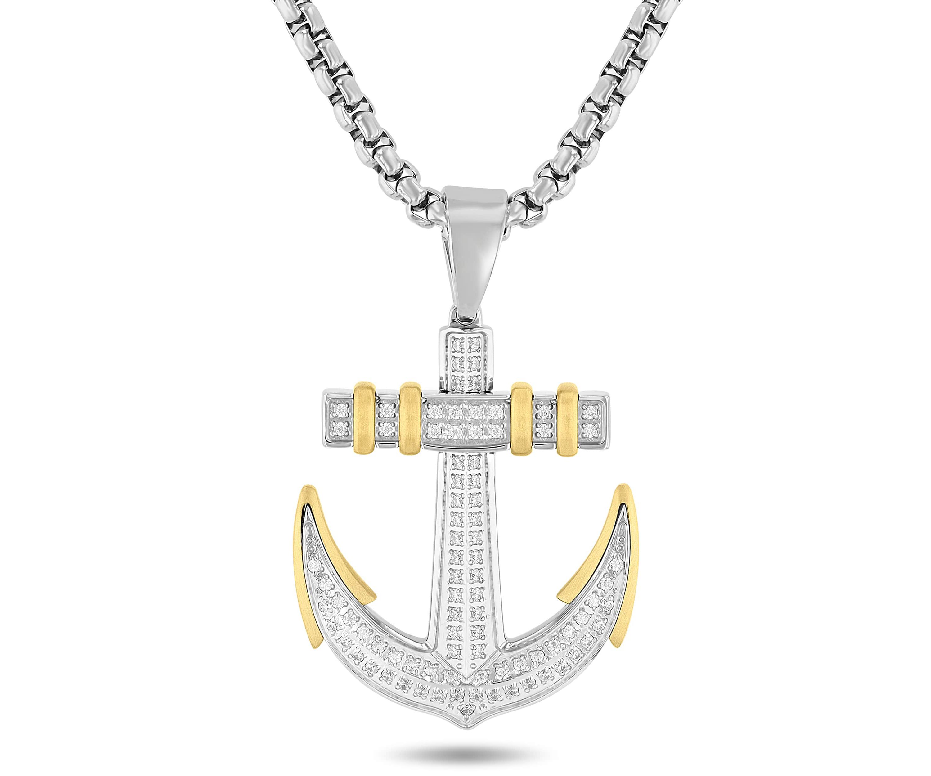 3/8CTW Diamond Stainless Steel with Yellow Finish Anchor Pendant