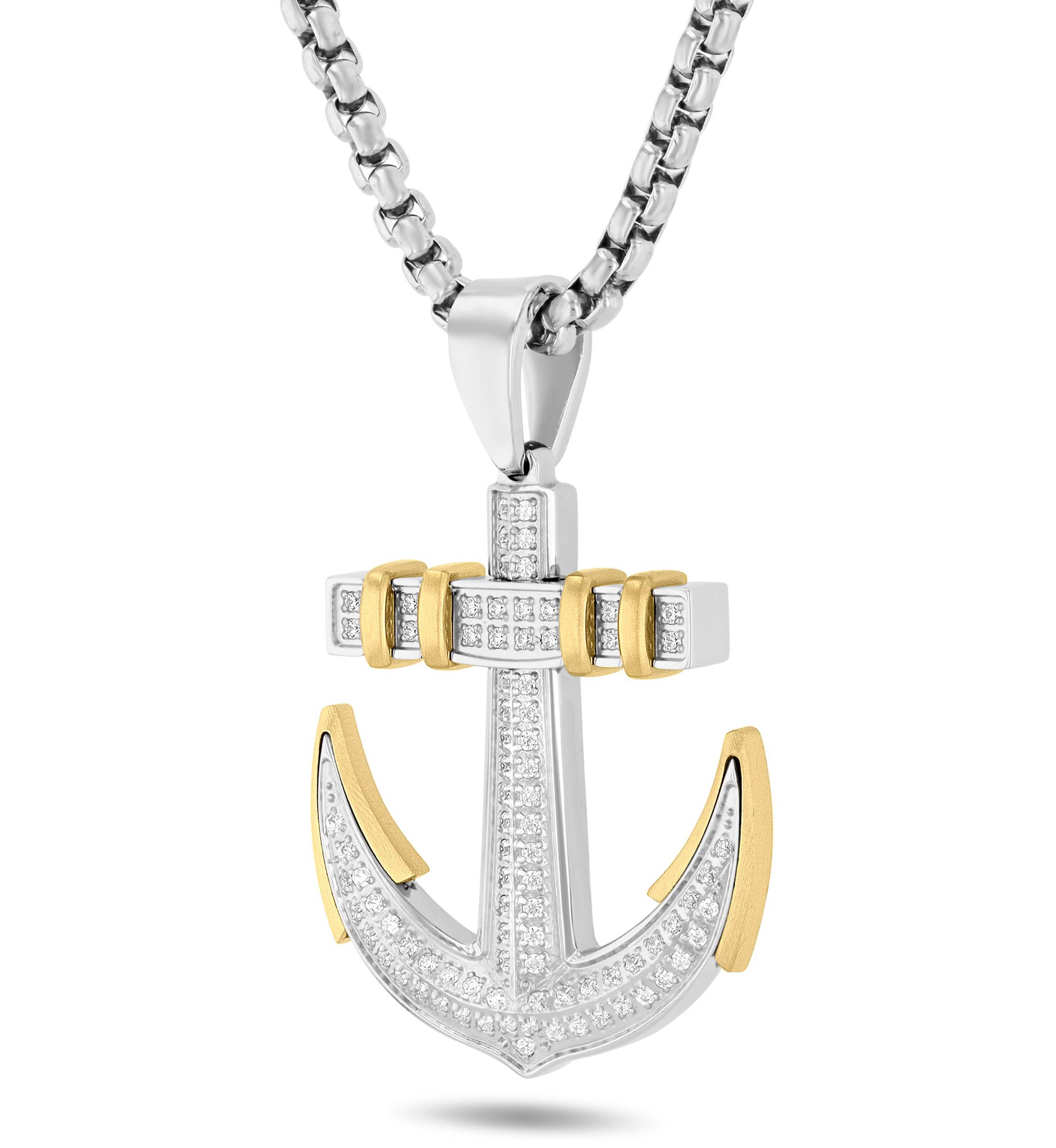 3/8CTW Diamond Stainless Steel with Yellow Finish Anchor Pendant