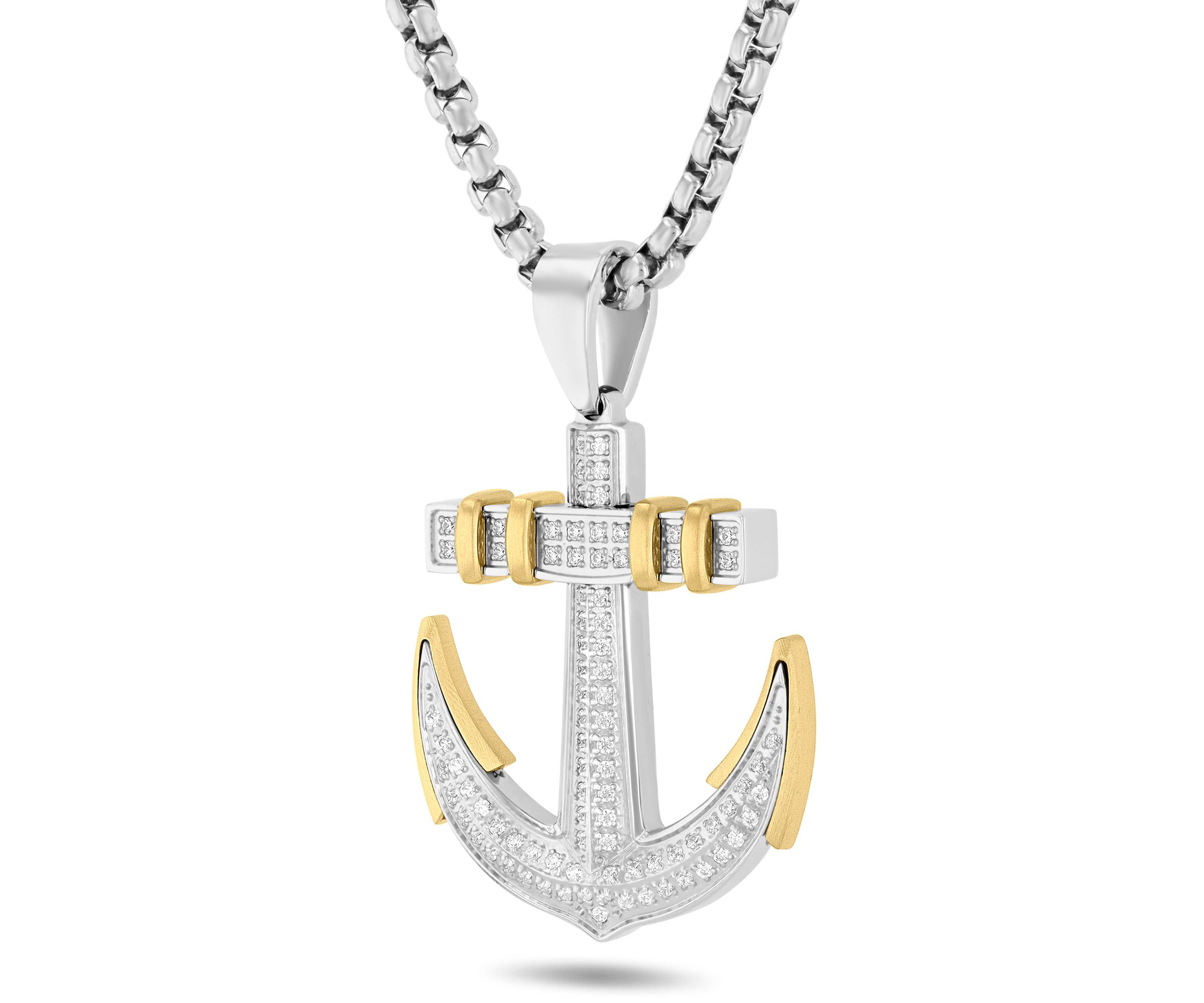 3/8CTW Diamond Stainless Steel with Yellow Finish Anchor Pendant