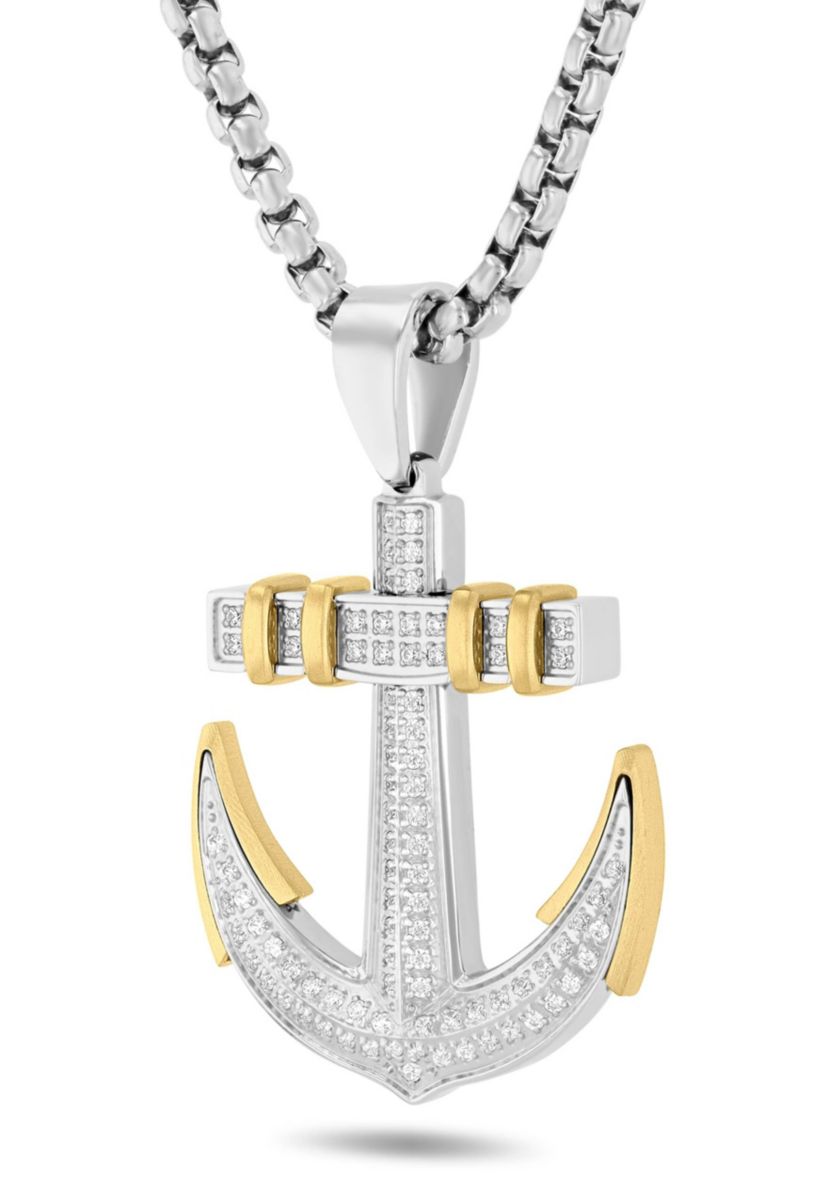 3/8CTW Diamond Stainless Steel with Yellow Finish Anchor Pendant