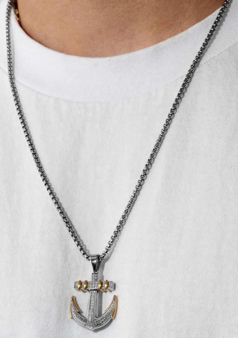 3/8CTW Diamond Stainless Steel with Yellow Finish Anchor Pendant