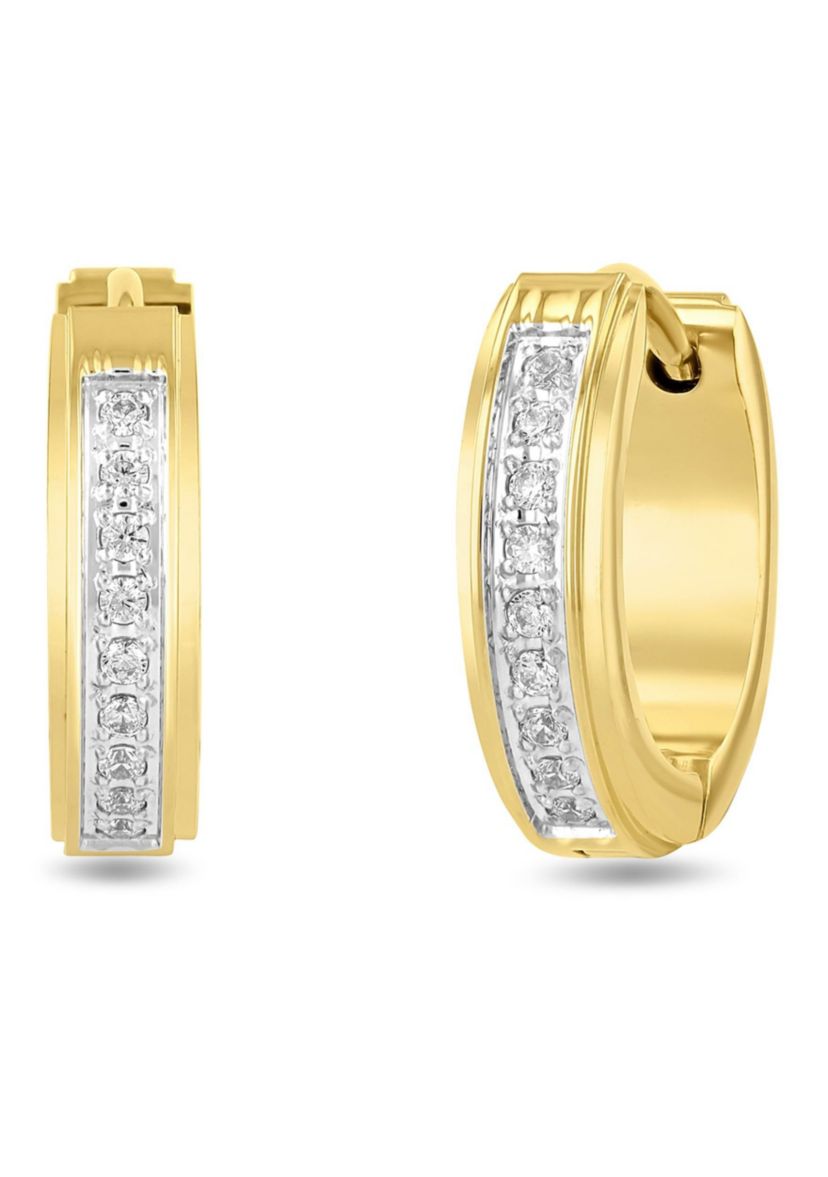 .15CTW Diamond Mens Stainless Steel Yellow Finish Hoop Earrings