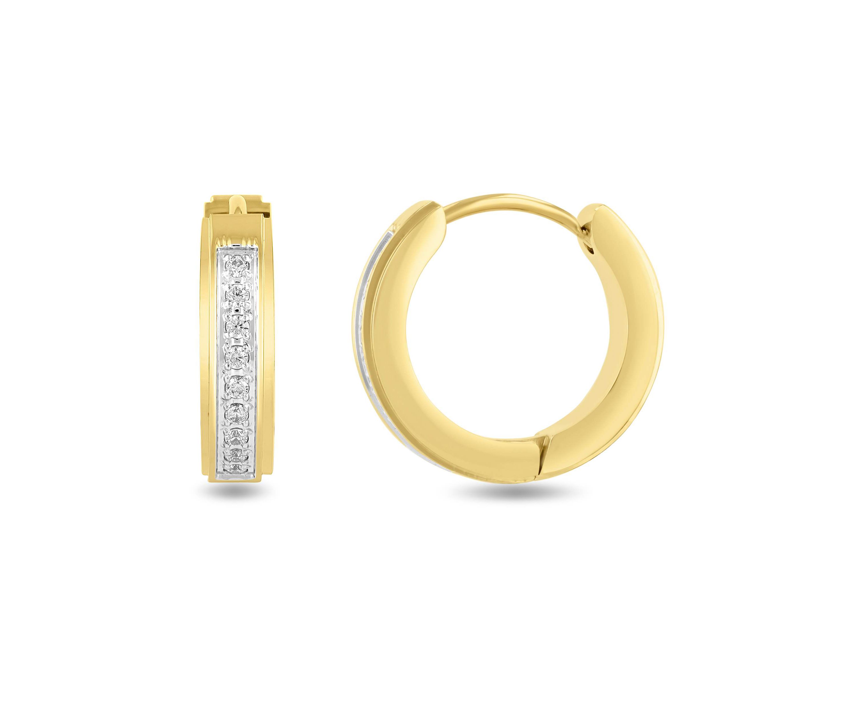 .15CTW Diamond Mens Stainless Steel Yellow Finish Hoop Earrings