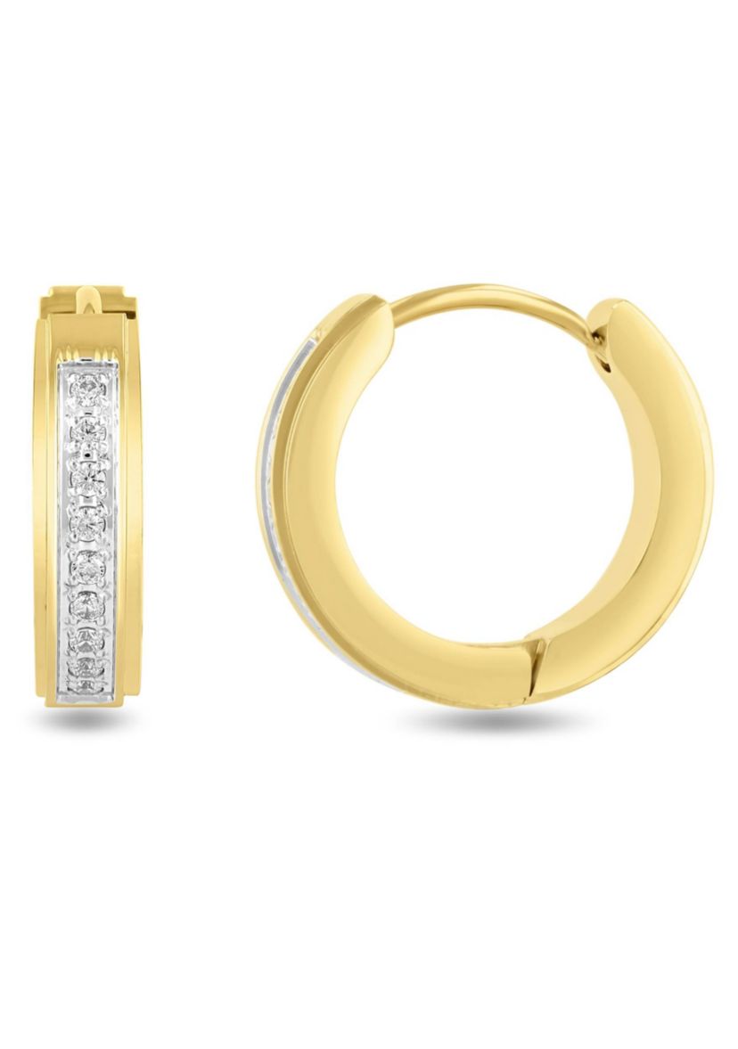 .15CTW Diamond Mens Stainless Steel Yellow Finish Hoop Earrings