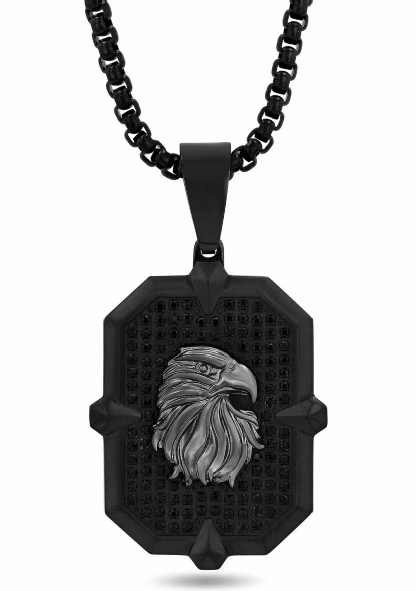 3/4CTW Black Diamond Mens Stainless Steel Eagle Head Pendant