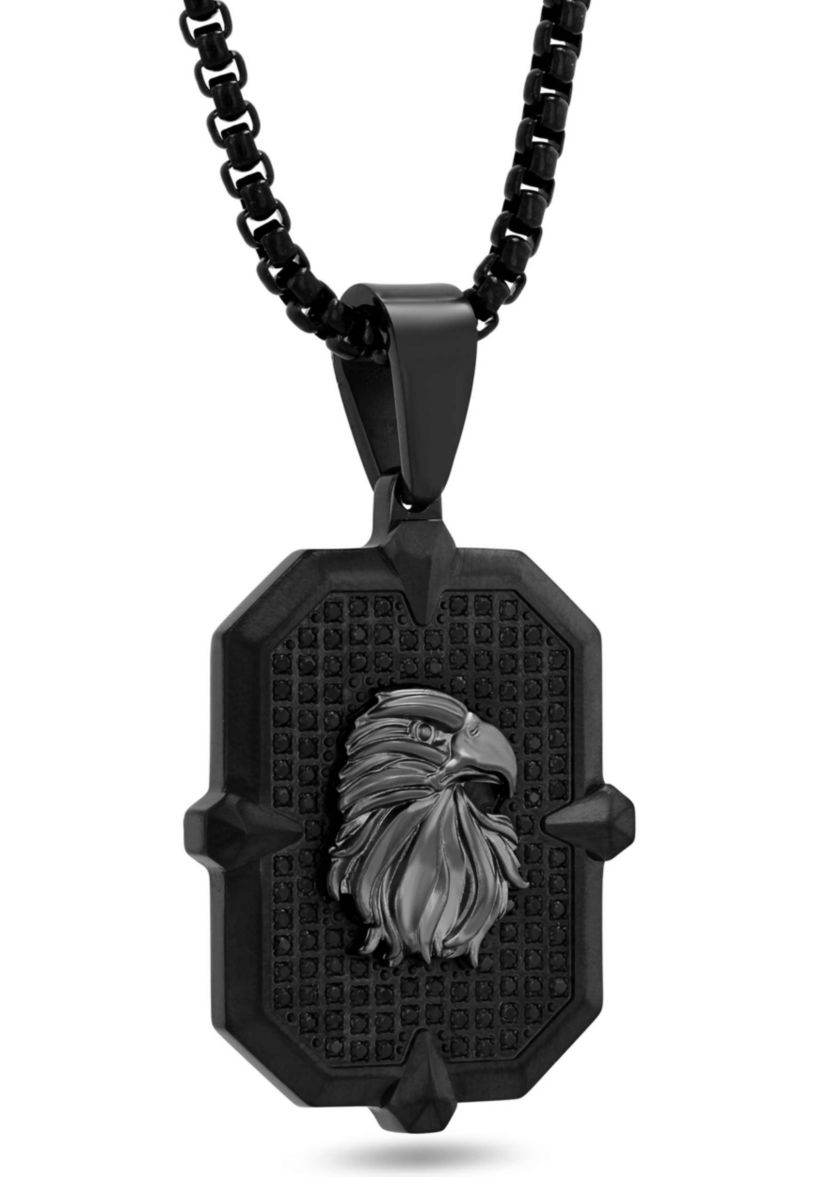3/4CTW Black Diamond Mens Stainless Steel Eagle Head Pendant